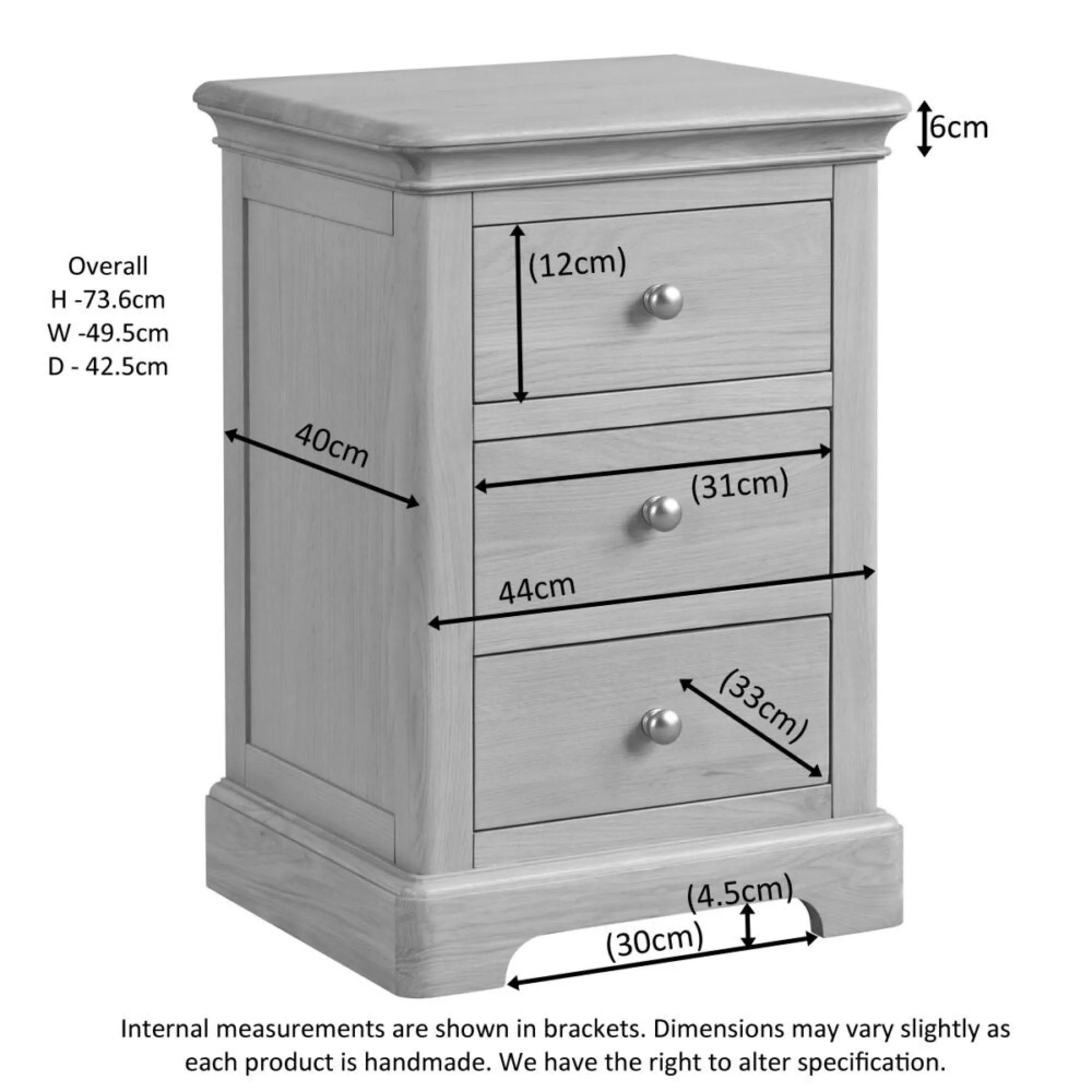 Romford Oak 3 Drawer Bedside Cabinet - Pale Oak