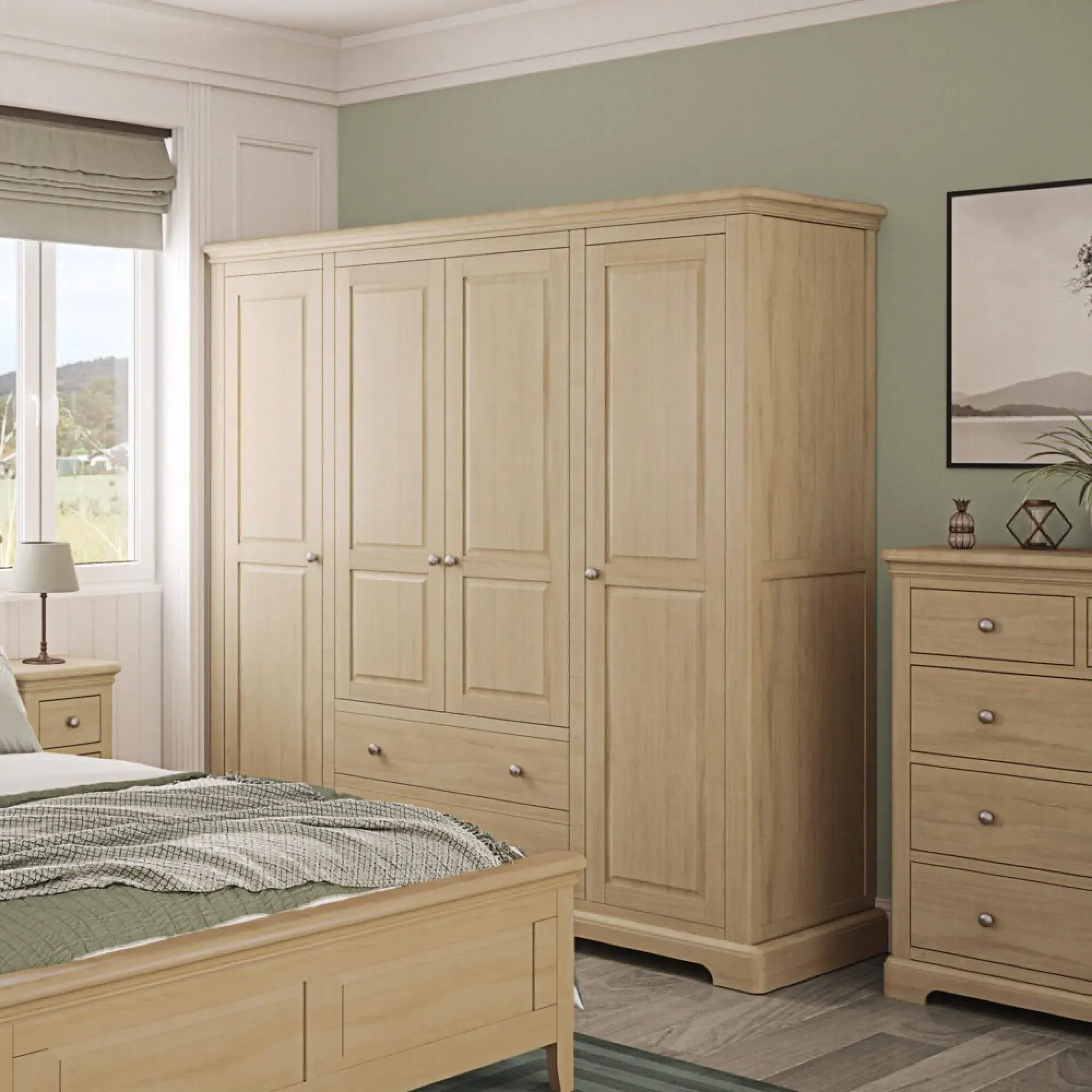 Romford Oak 4 Door Wardrobe with Drawers - Pale Oak