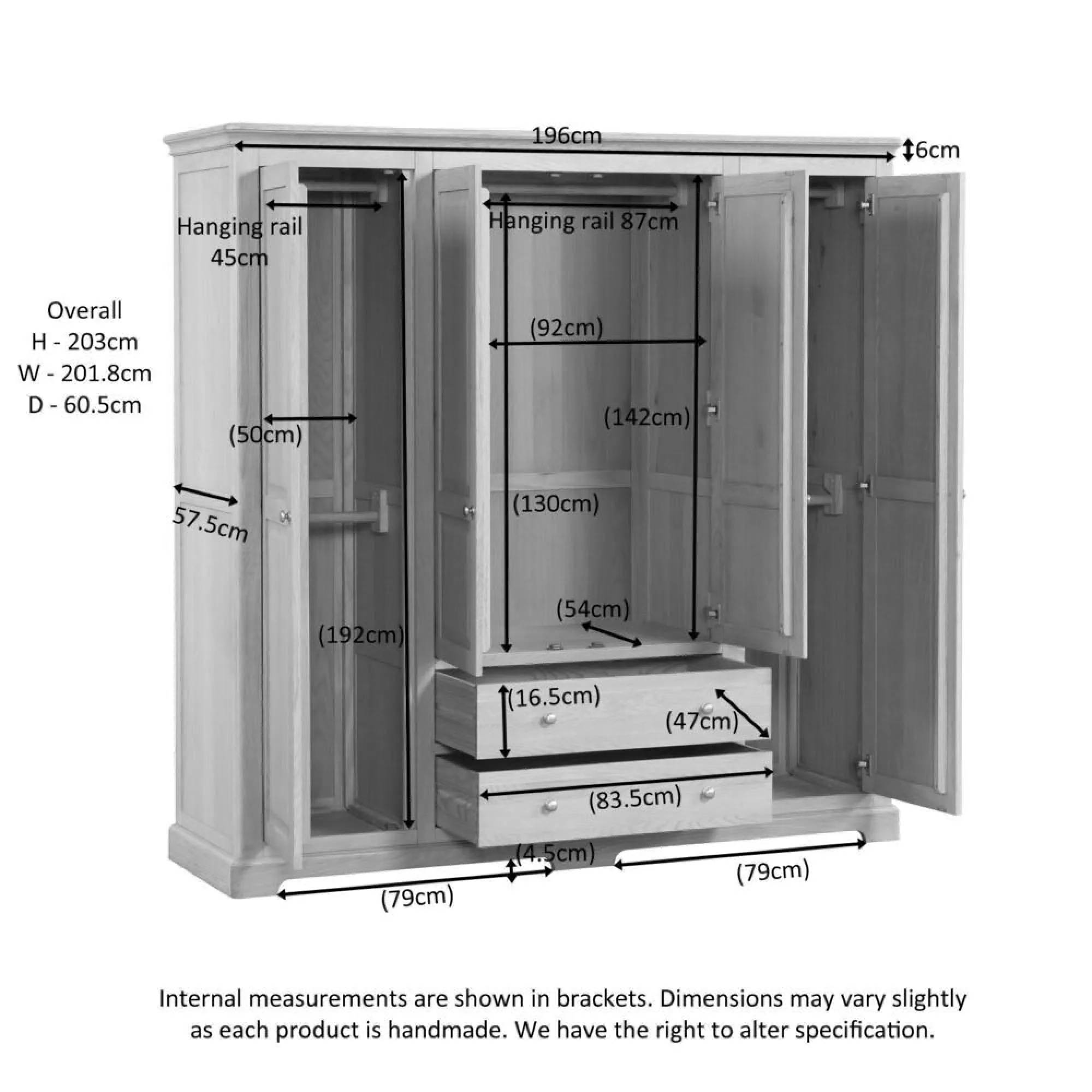 Romford Oak 4 Door Wardrobe with Drawers - Pale Oak