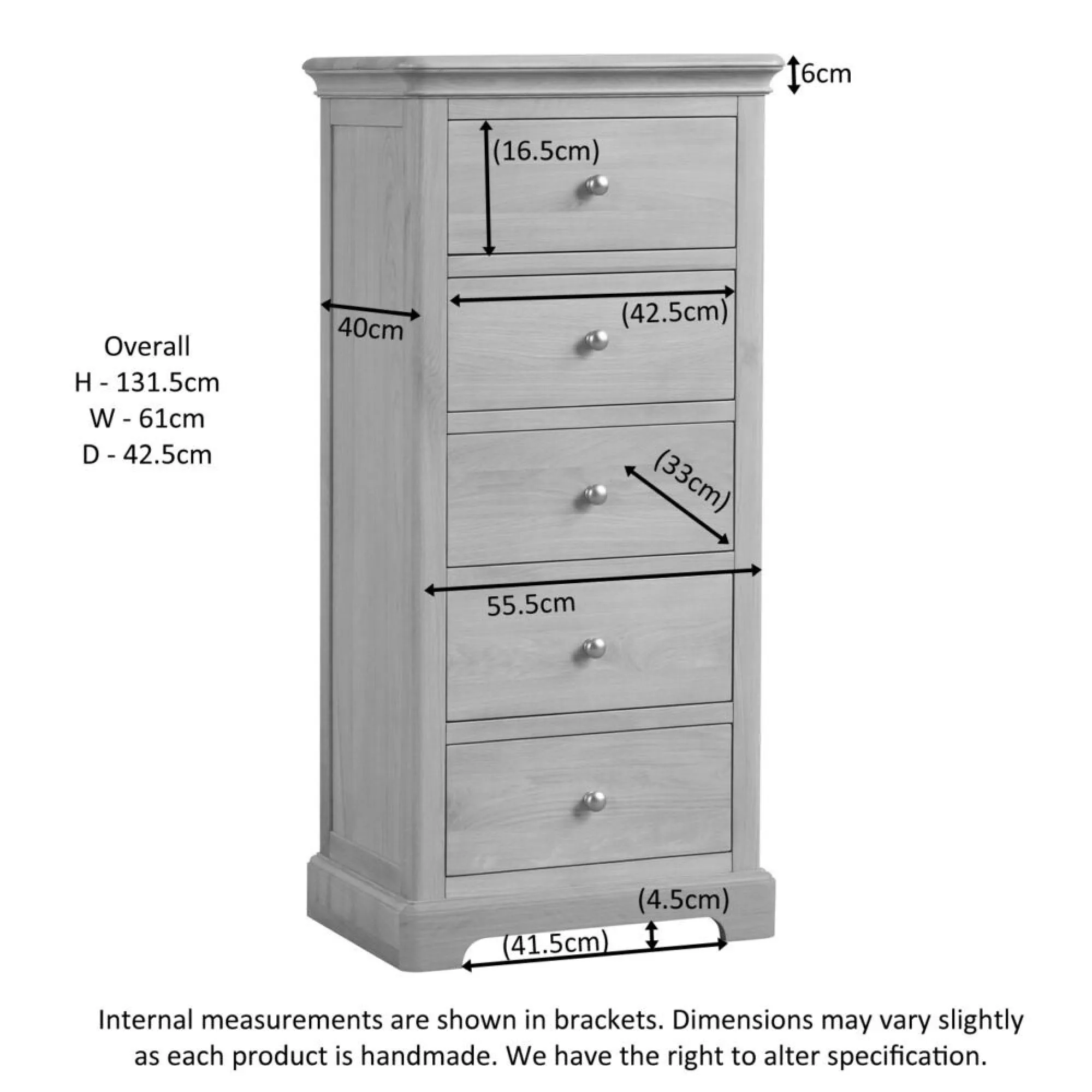 Romford Oak 5 Drawer Narrow Chest - Pale Oak