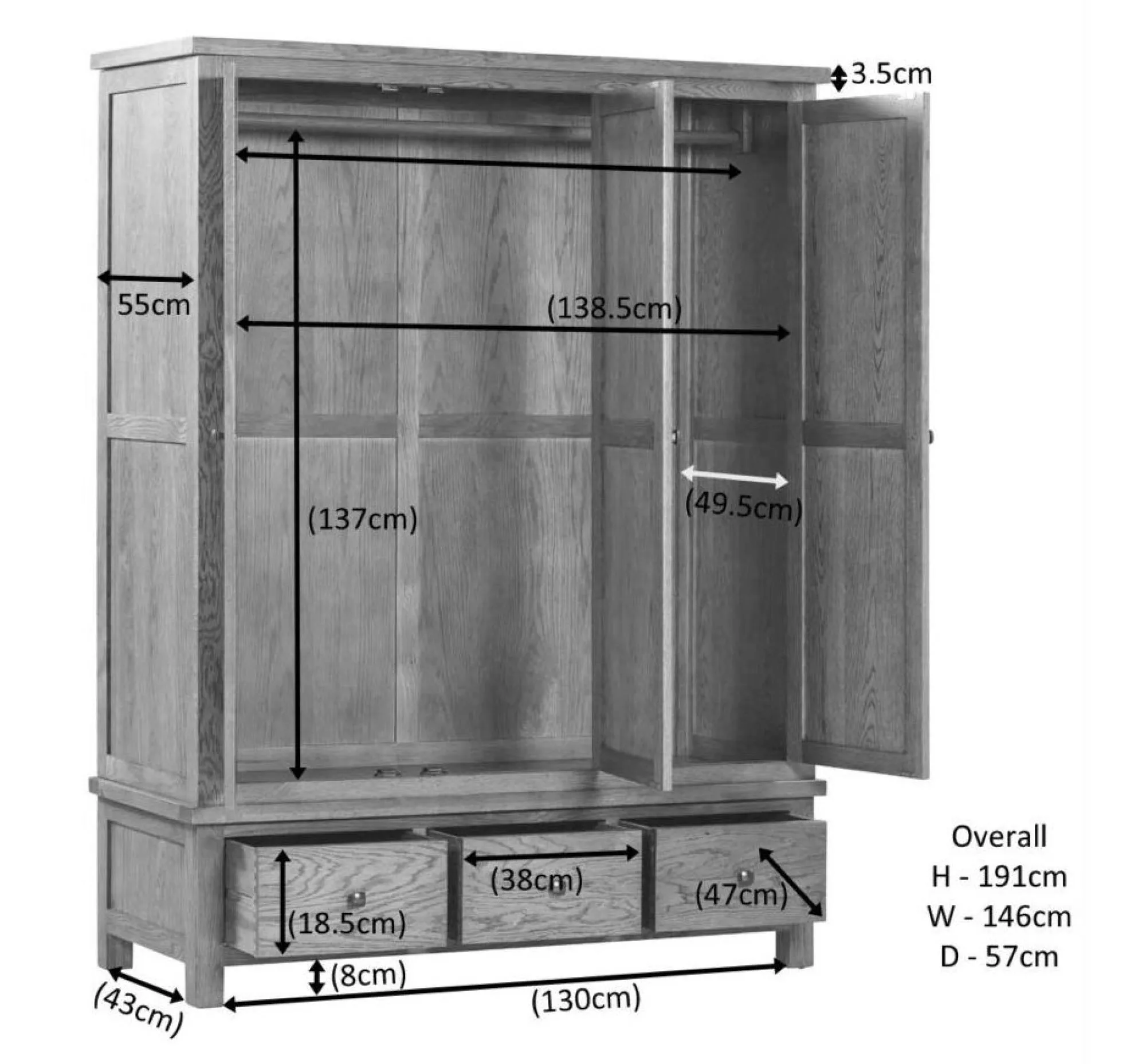 Rustic Oak 3 Door Triple Wardrobe - Oak