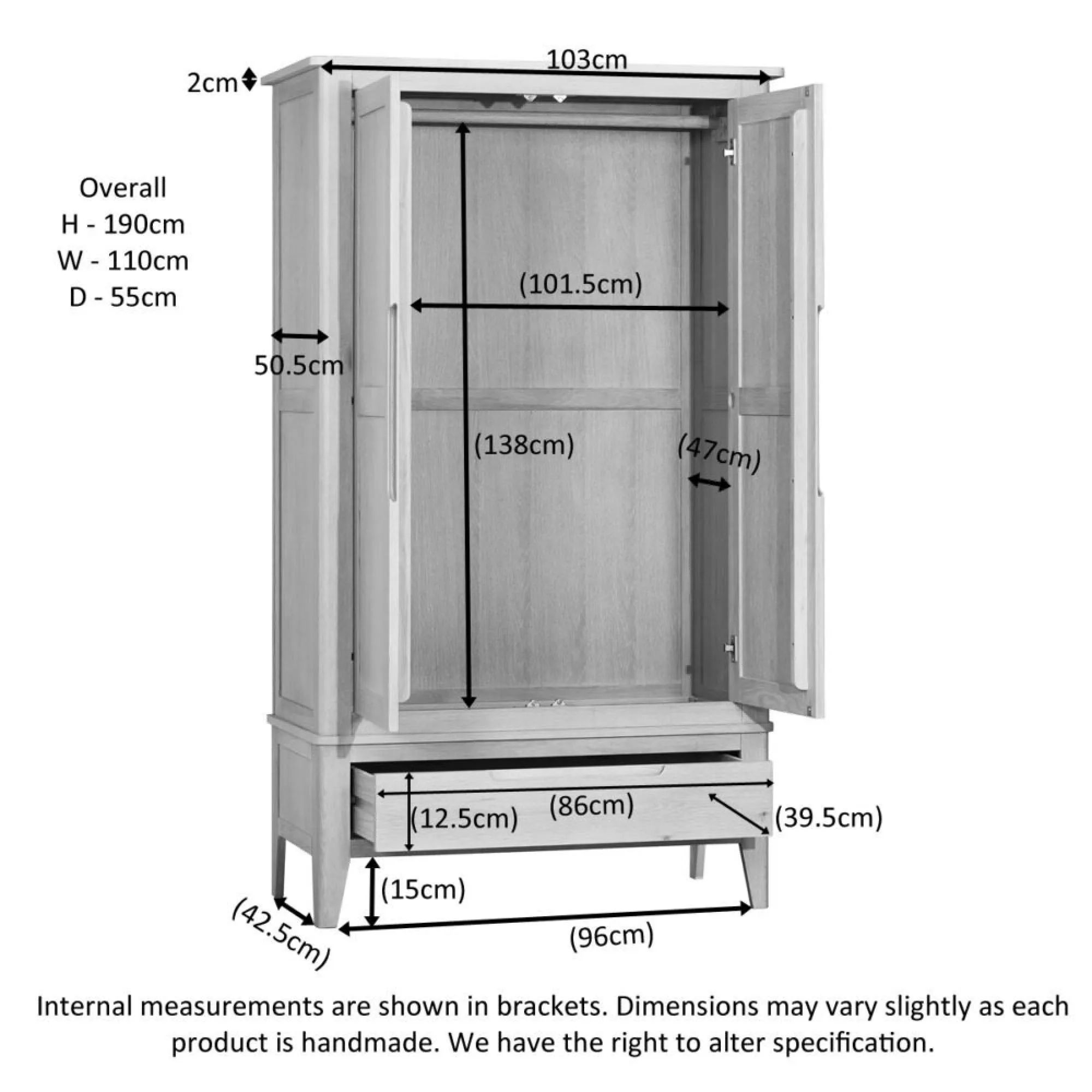 Twyford Oak 2 Door 1 Drawer Double Wardrobe - Pale Oak