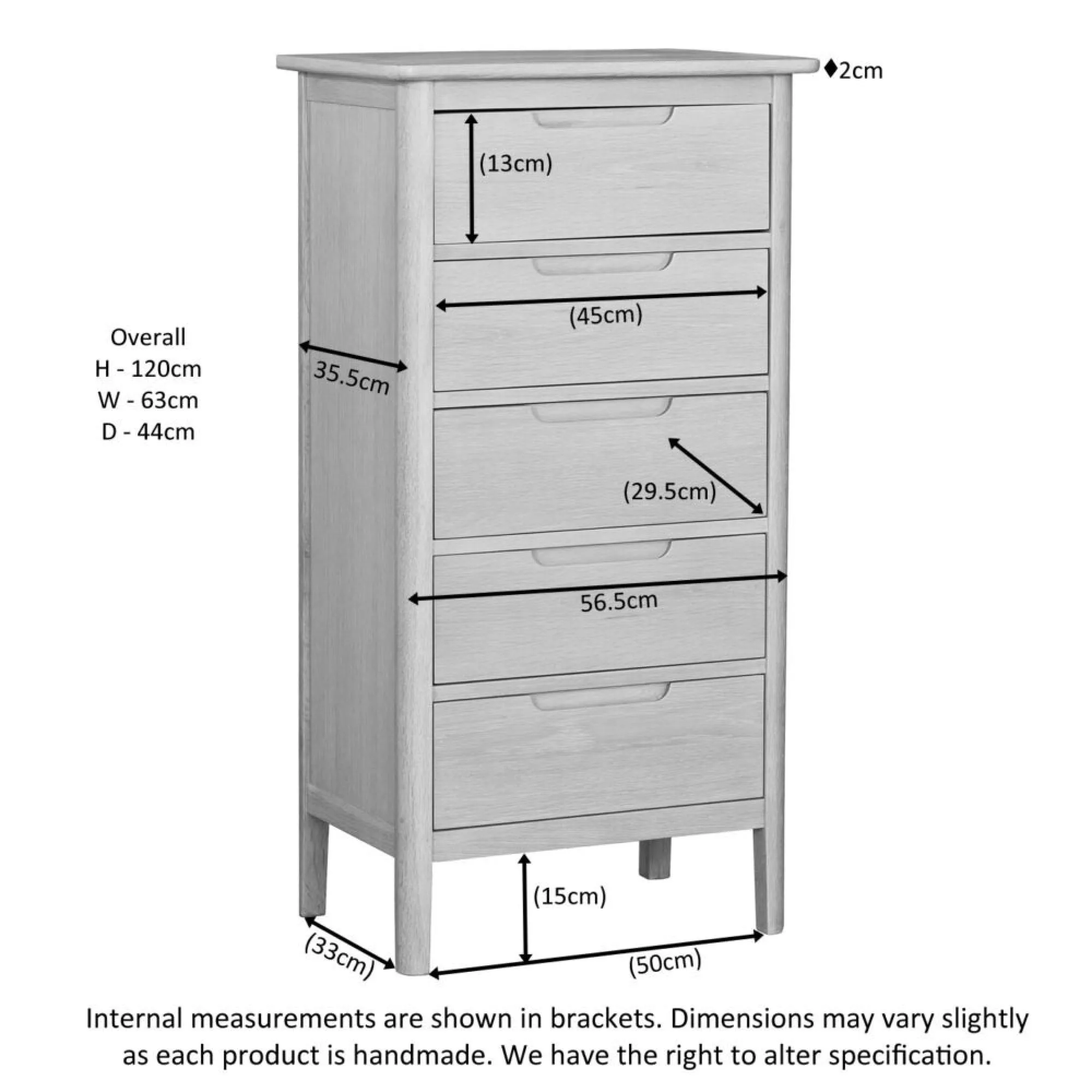 Twyford Oak 5 Drawer Narrow Chest - Pale Oak