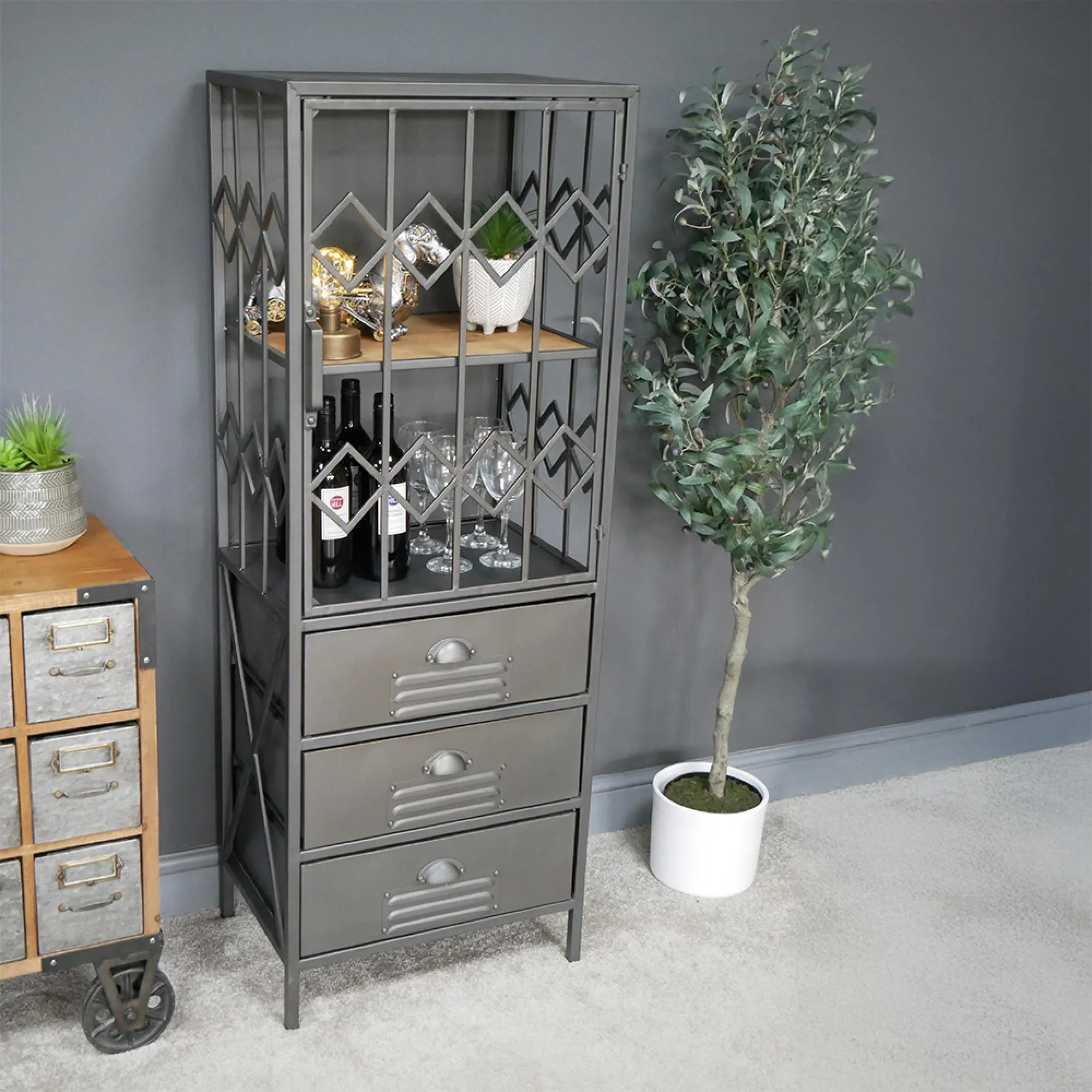 1 Door 3 Drawer Display Cabinet - Grey, Metal