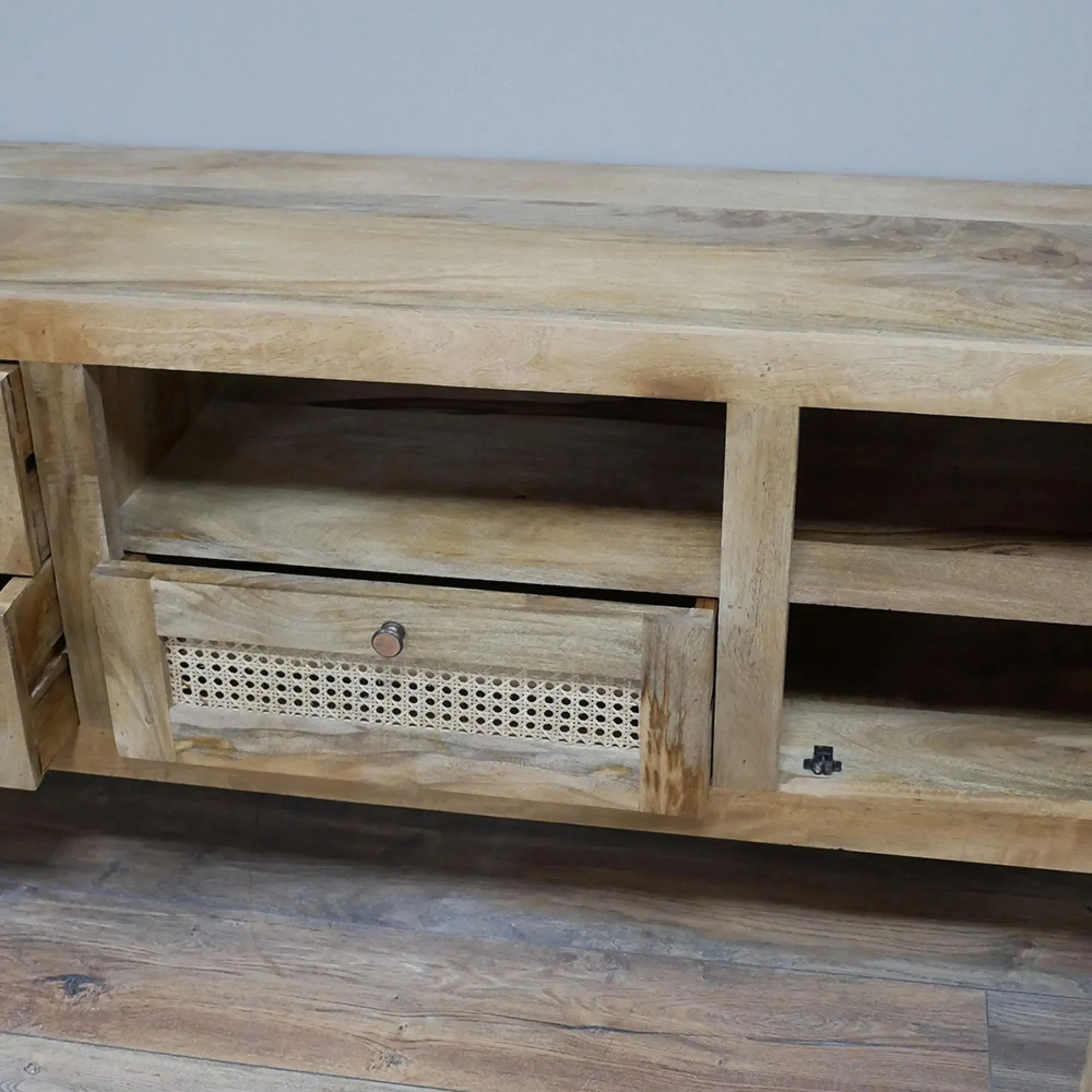 1 Door 3 Drawer TV Unit - Acacia Wood, Rattan