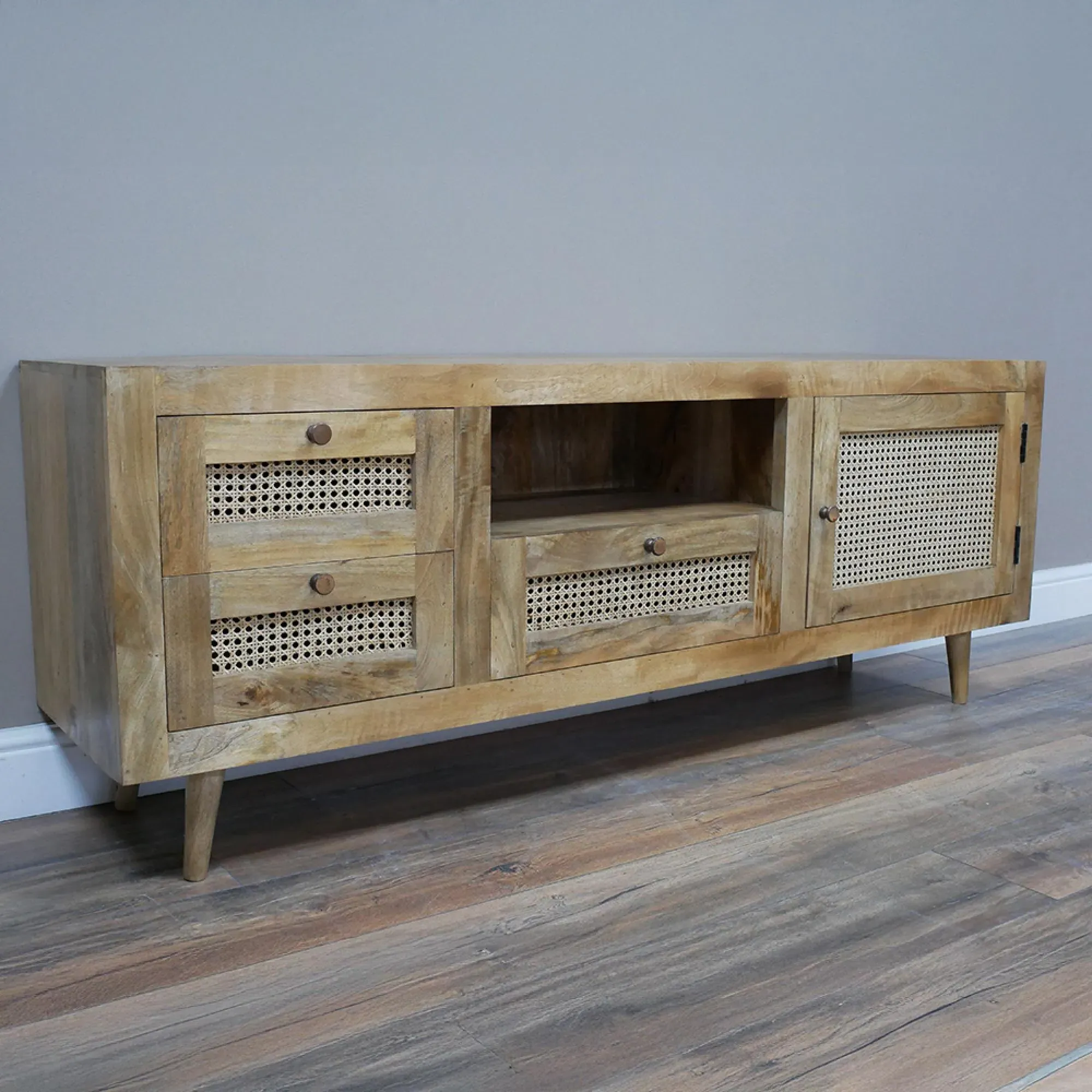 1 Door 3 Drawer TV Unit - Acacia Wood, Rattan