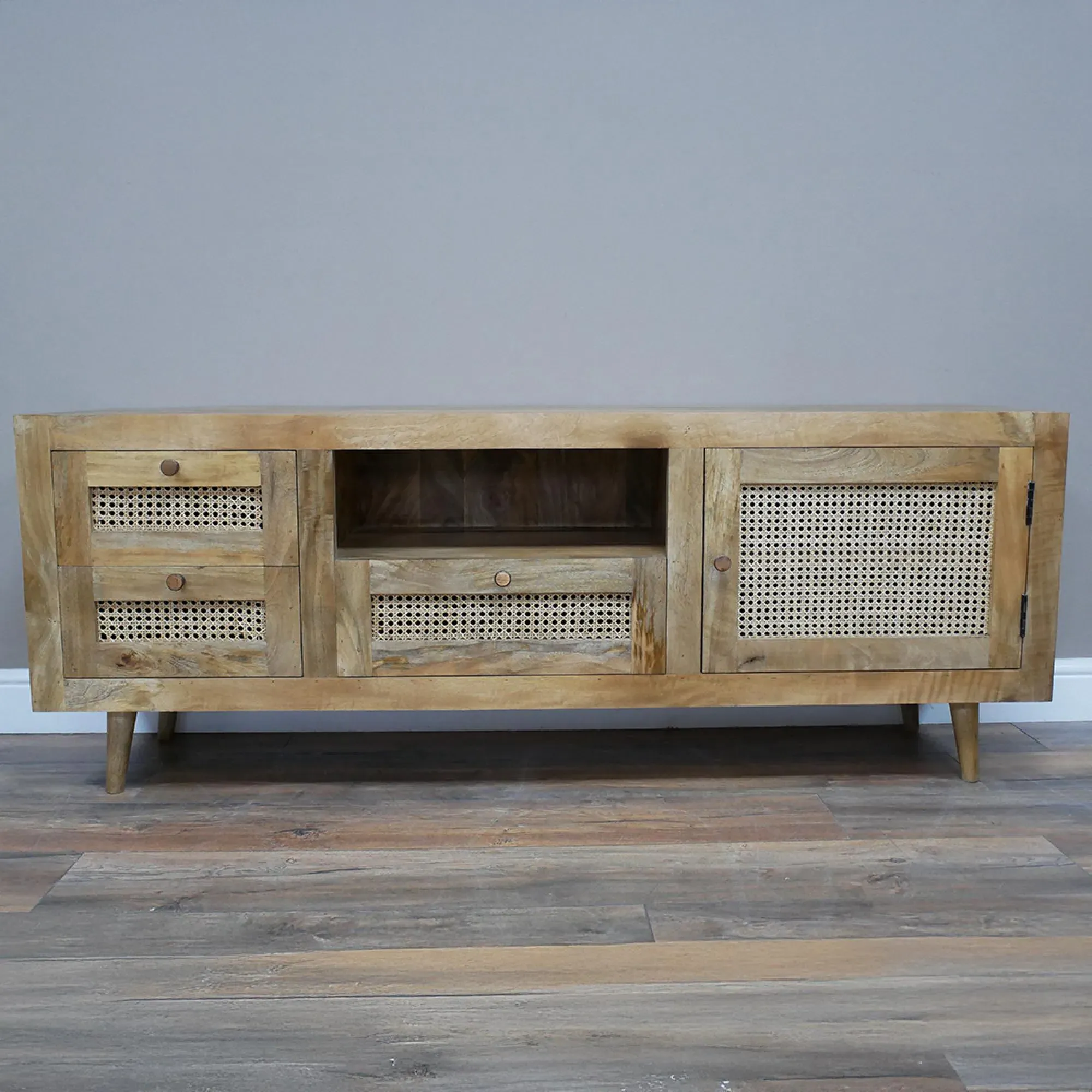 1 Door 3 Drawer TV Unit - Acacia Wood, Rattan