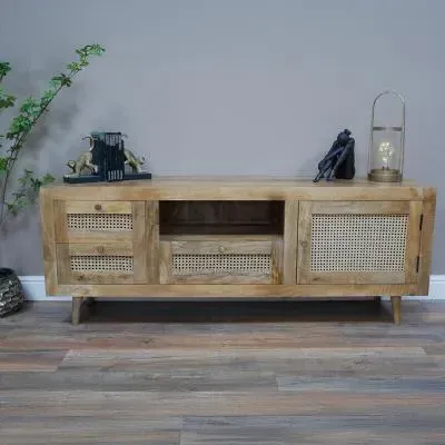 1 Door 3 Drawer TV Unit - Acacia Wood, Rattan
