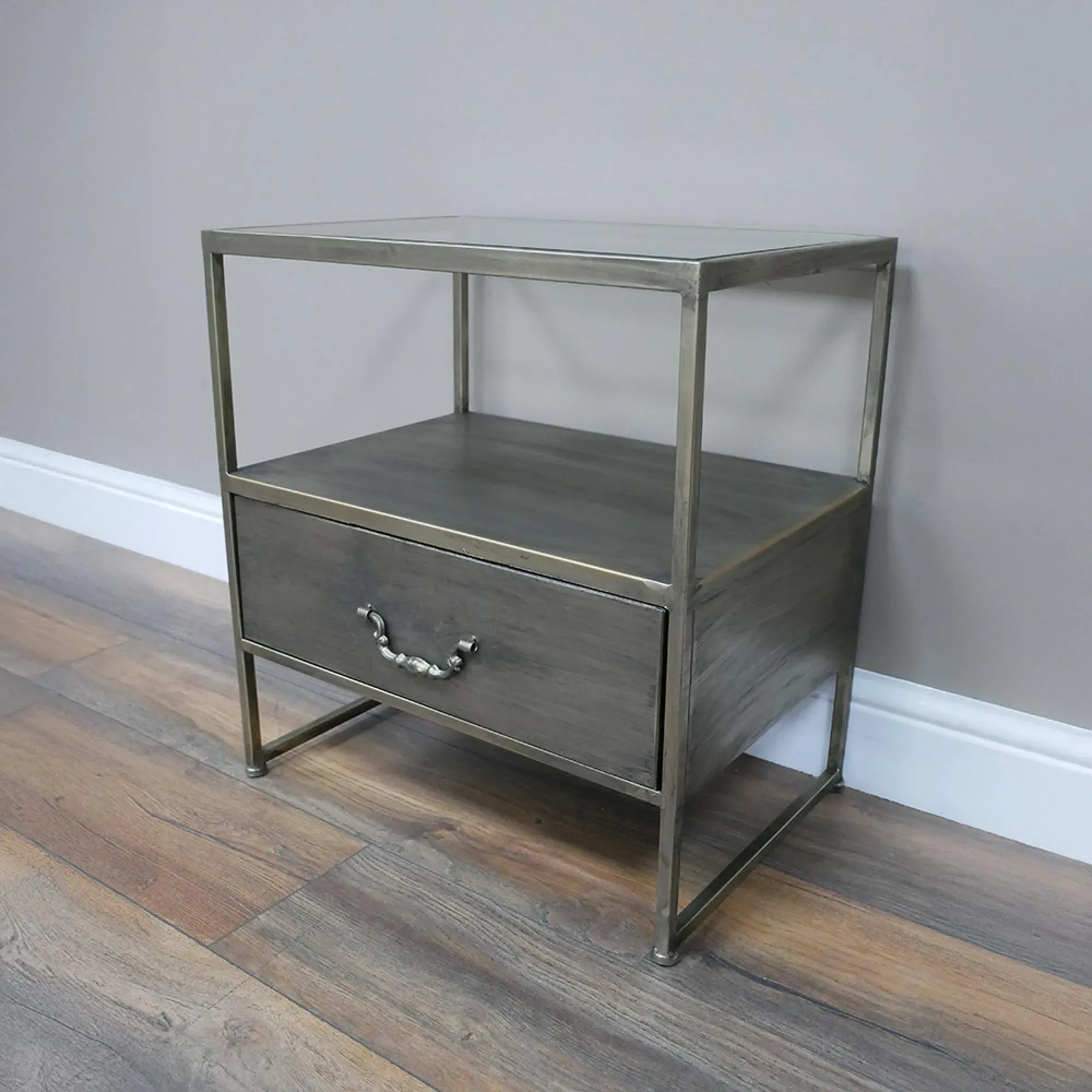 1 Drawer Bedside Cabinet - Grey, Metal Glass
