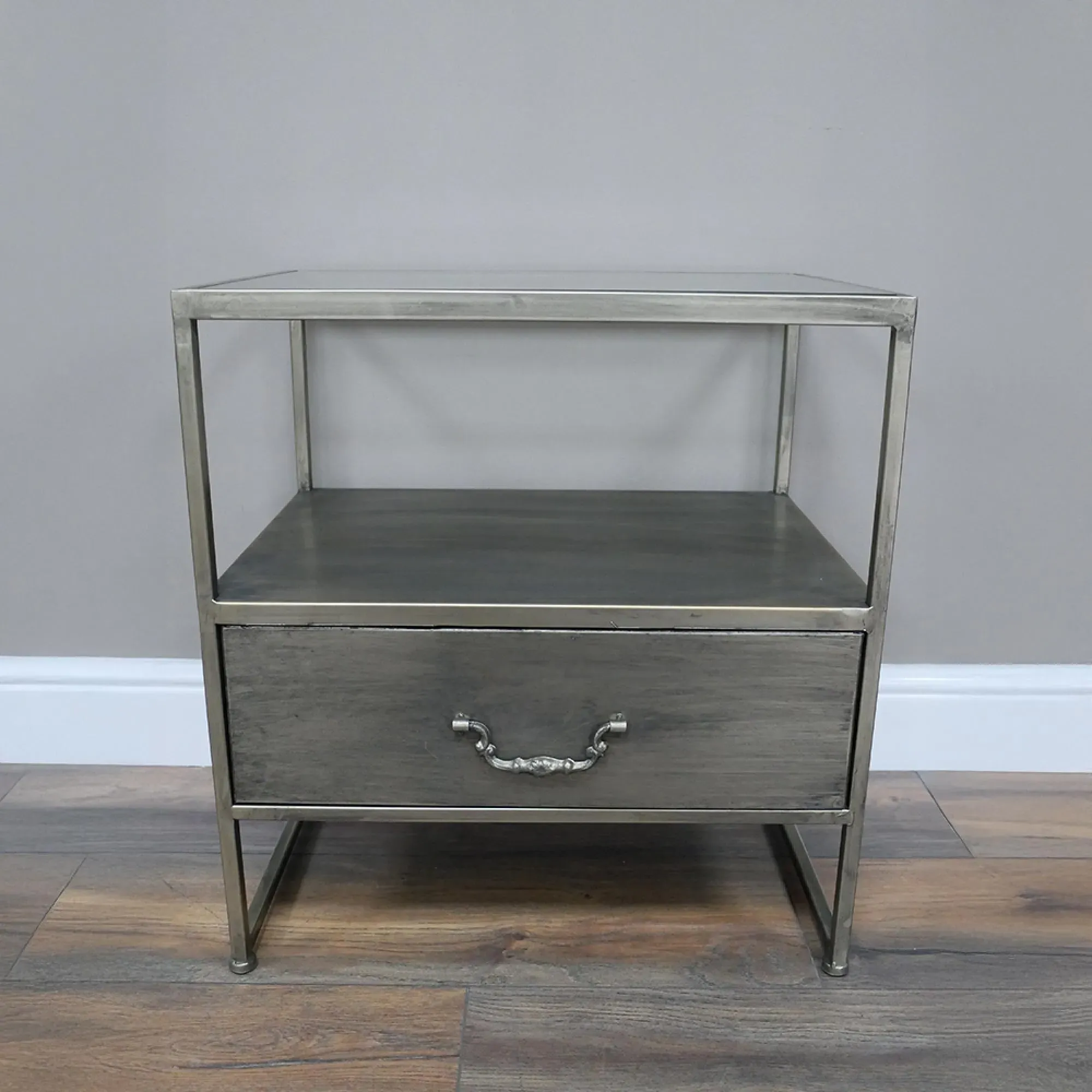 1 Drawer Bedside Cabinet - Grey, Metal Glass