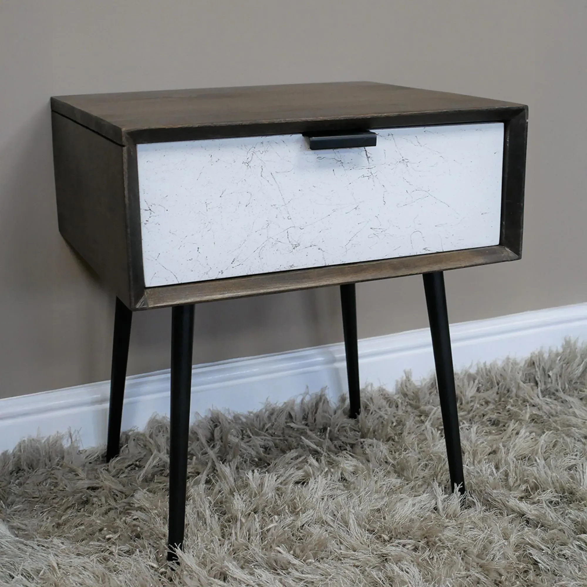 1 Drawer Bedside Cabinet - Mango Wood, Marble Effect