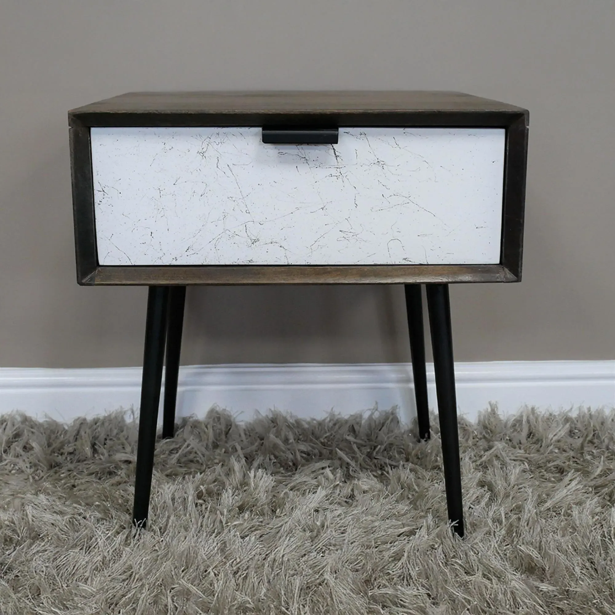 1 Drawer Bedside Cabinet - Mango Wood, Marble Effect