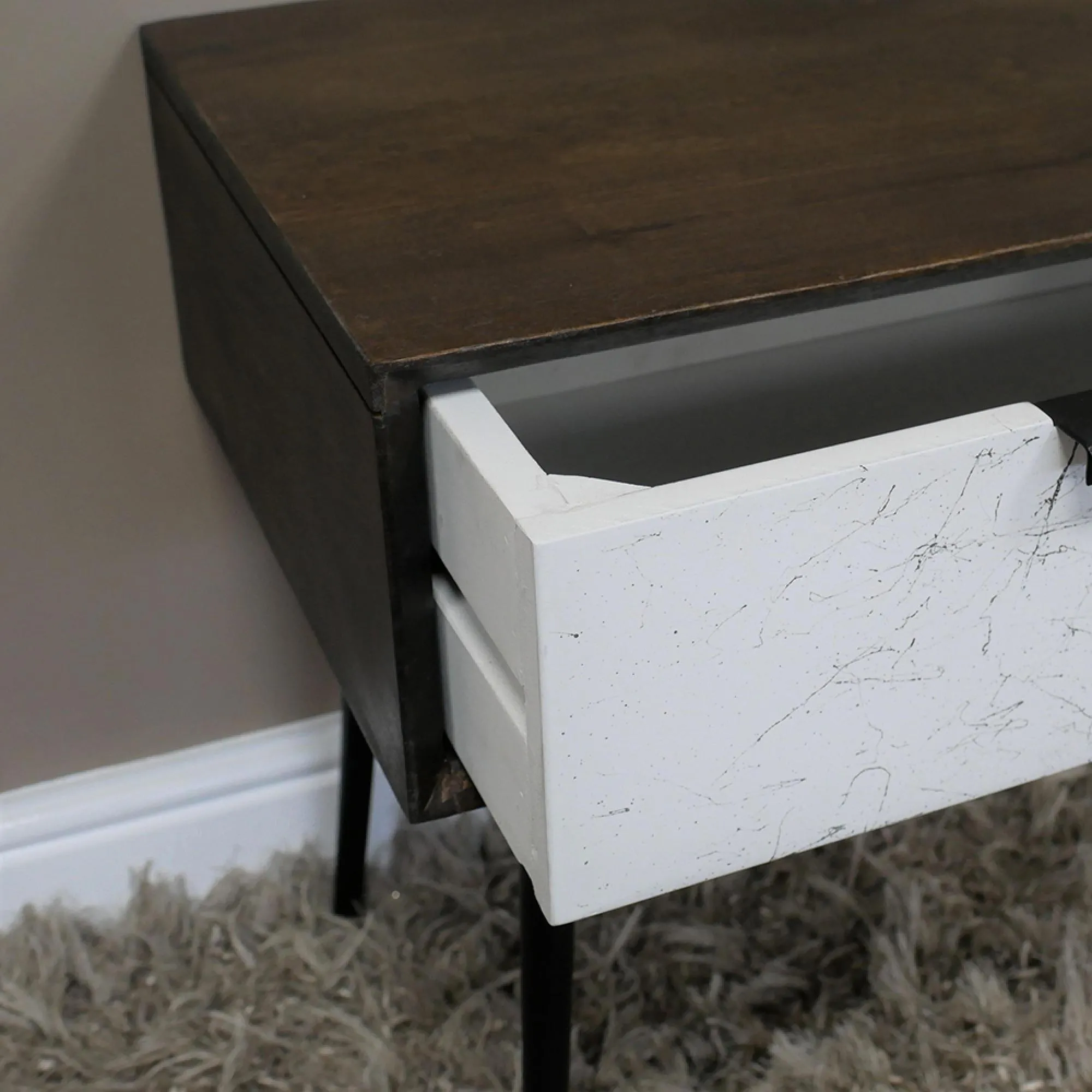 1 Drawer Bedside Cabinet - Mango Wood, Marble Effect