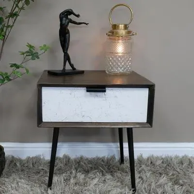 1 Drawer Bedside Cabinet - Mango Wood, Marble Effect