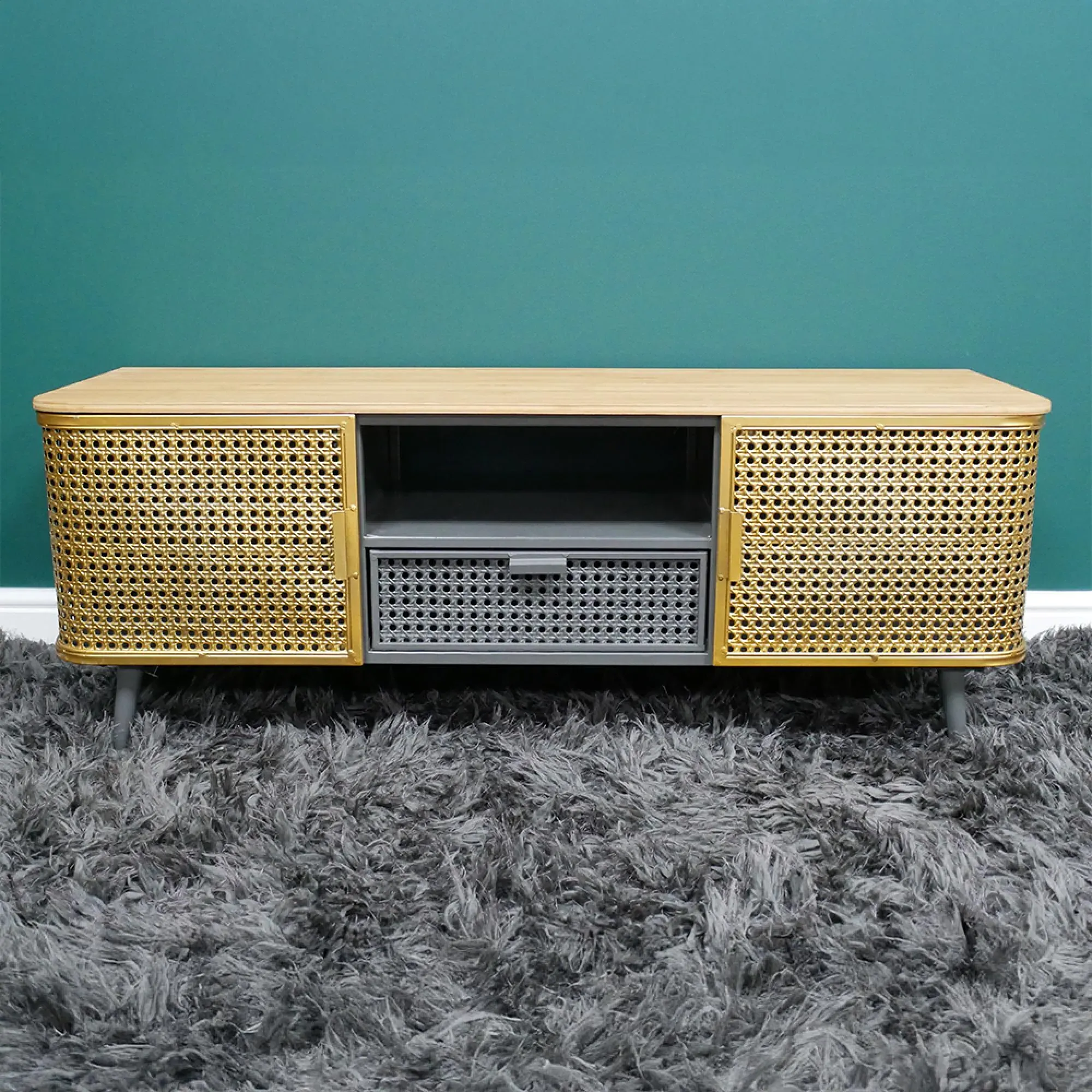 2 Door 1 Drawer TV Unit - Wood, Gold Metal