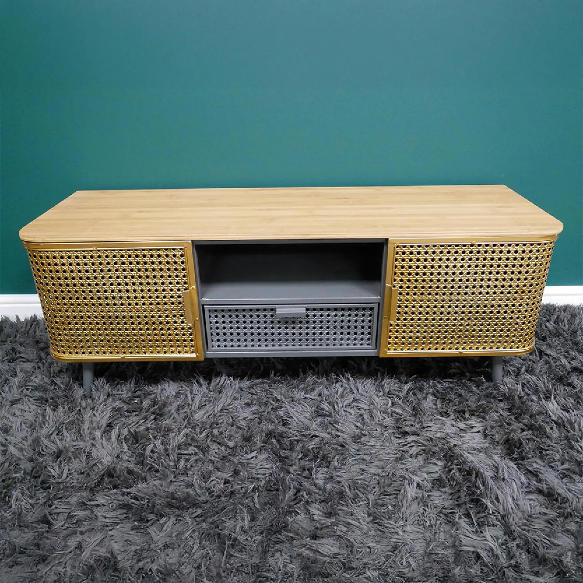 2 Door 1 Drawer TV Unit - Wood, Gold Metal