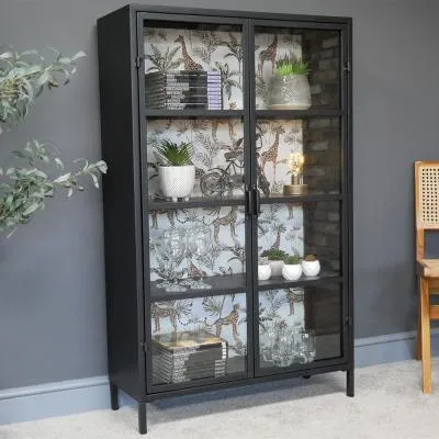 2 Door Display Cabinet - Black, Metal and Glass