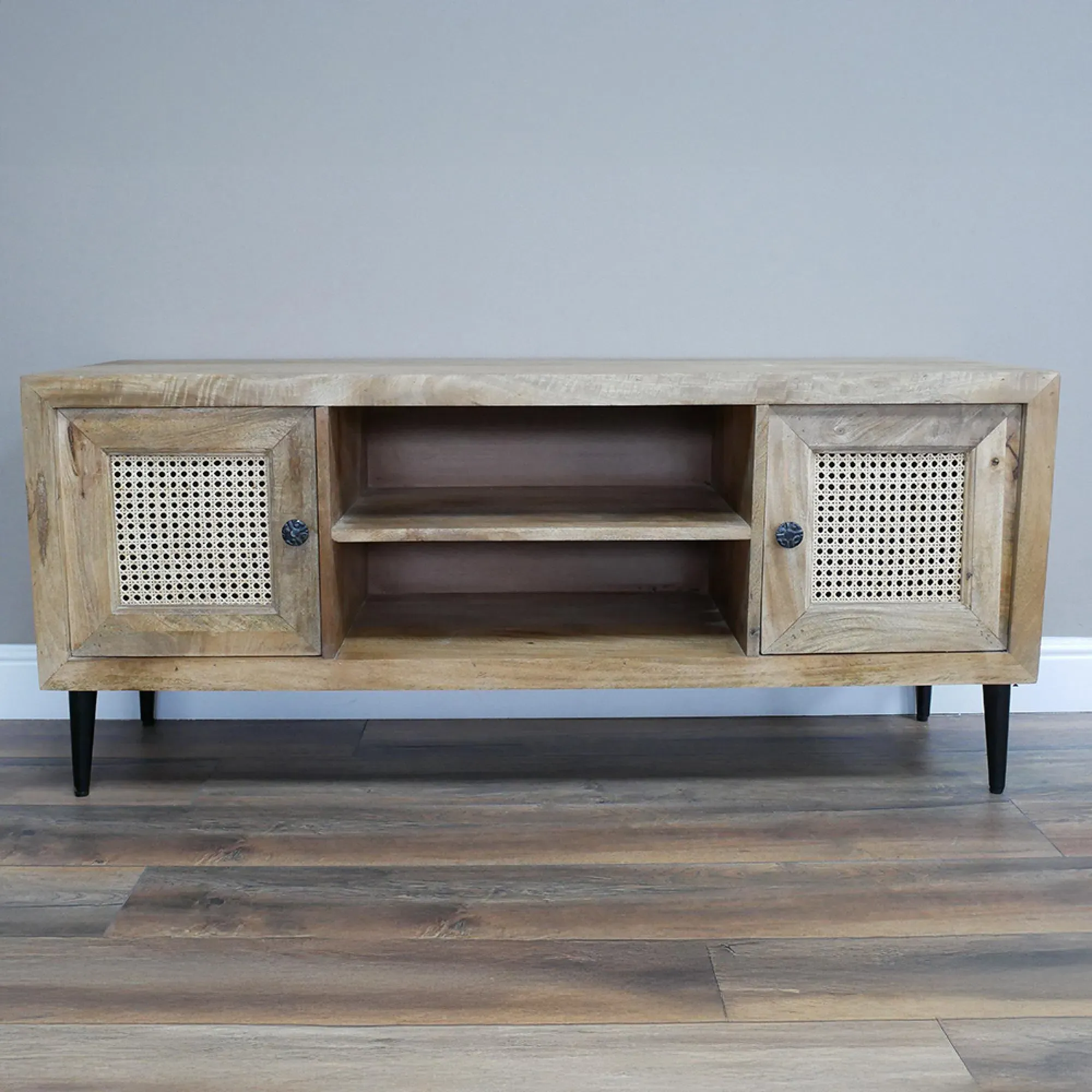 2 Door TV Unit - Acacia Wood, Rattan