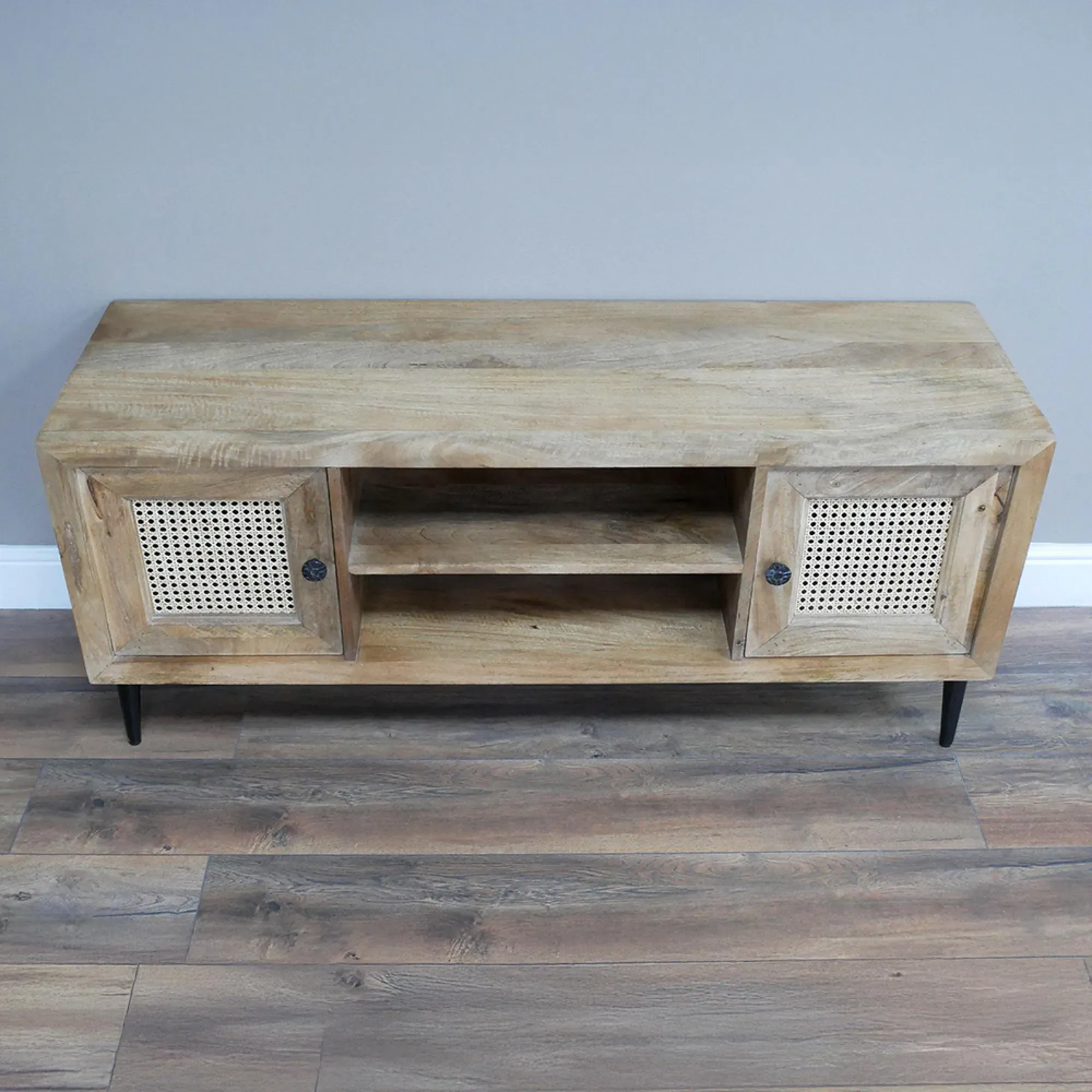 2 Door TV Unit - Acacia Wood, Rattan