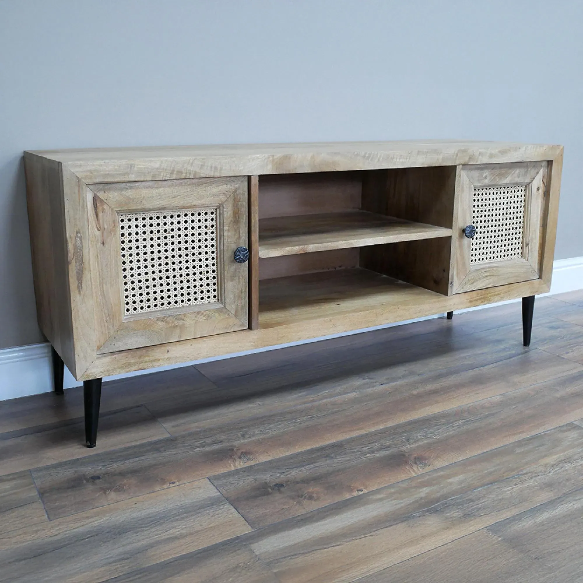 2 Door TV Unit - Acacia Wood, Rattan