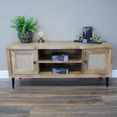 2 Door TV Unit - Acacia Wood, Rattan