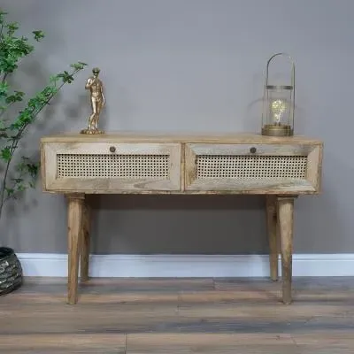 2 Drawer Desk - Acacia Wood, Rattan