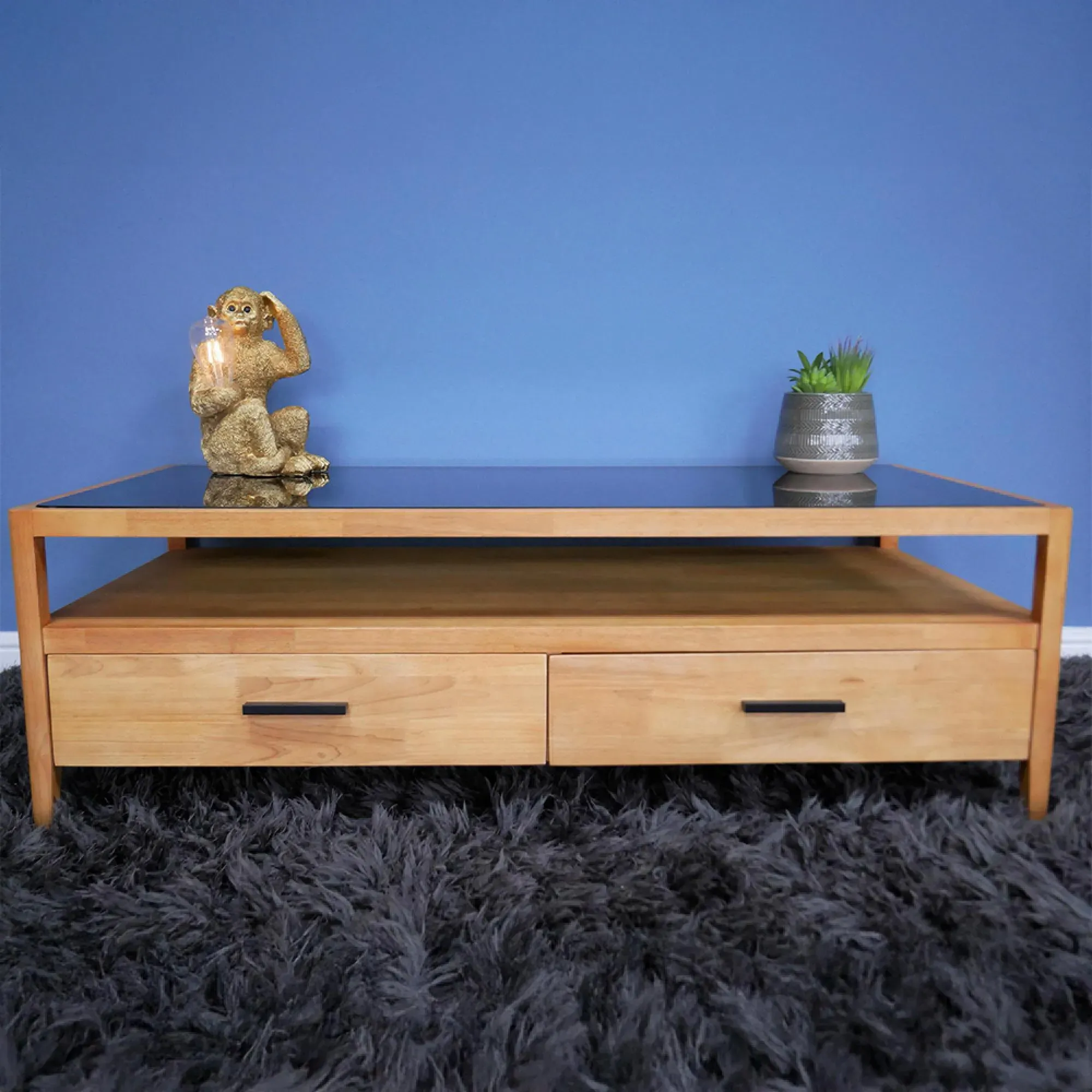 2 Drawer TV Unit - Wood, Black Glass