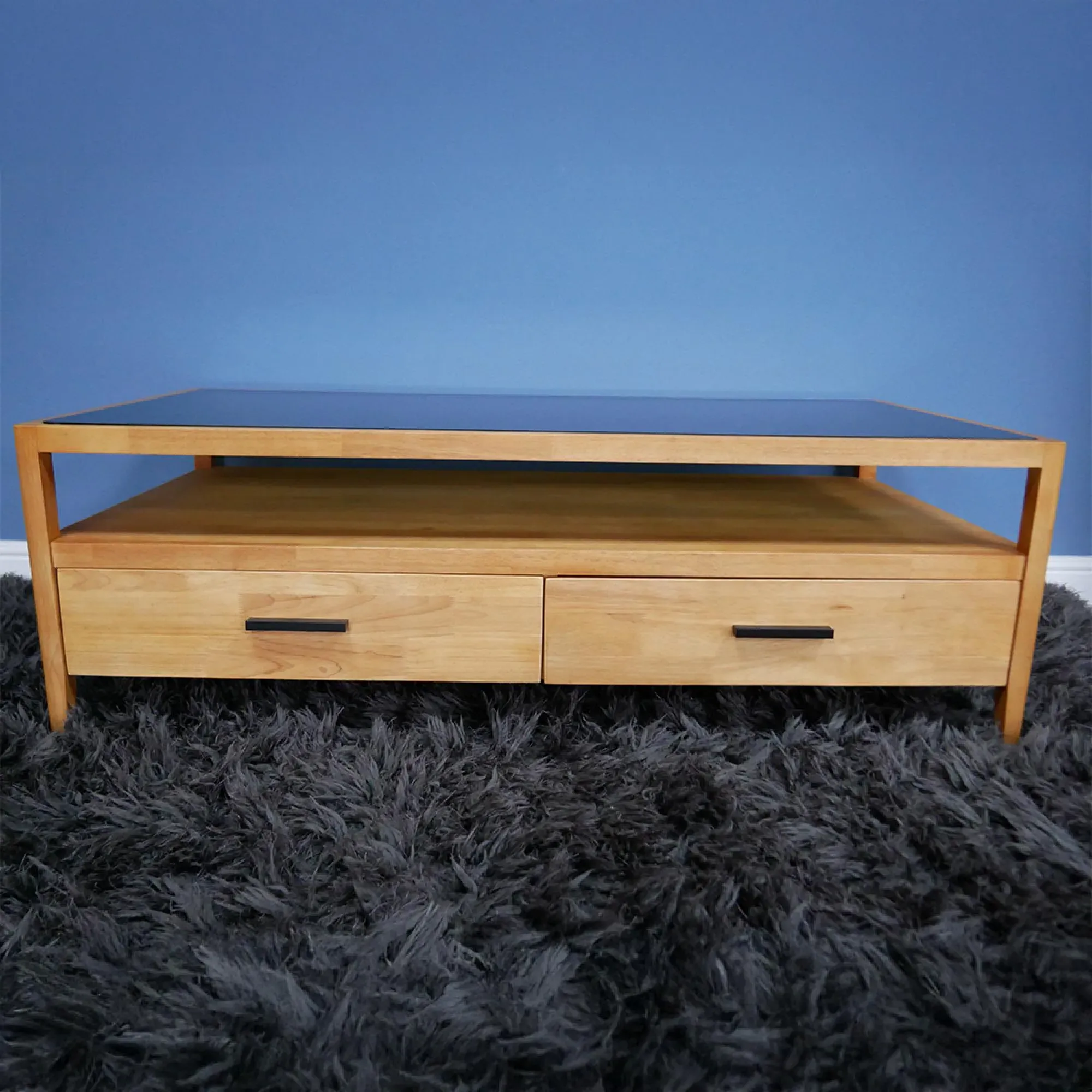 2 Drawer TV Unit - Wood, Black Glass