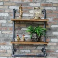 2-Tier Wall Shelves - Black Metal, Wood
