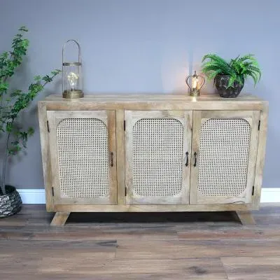 3 Door Medium Sideboard - Mango Wood, Rattan