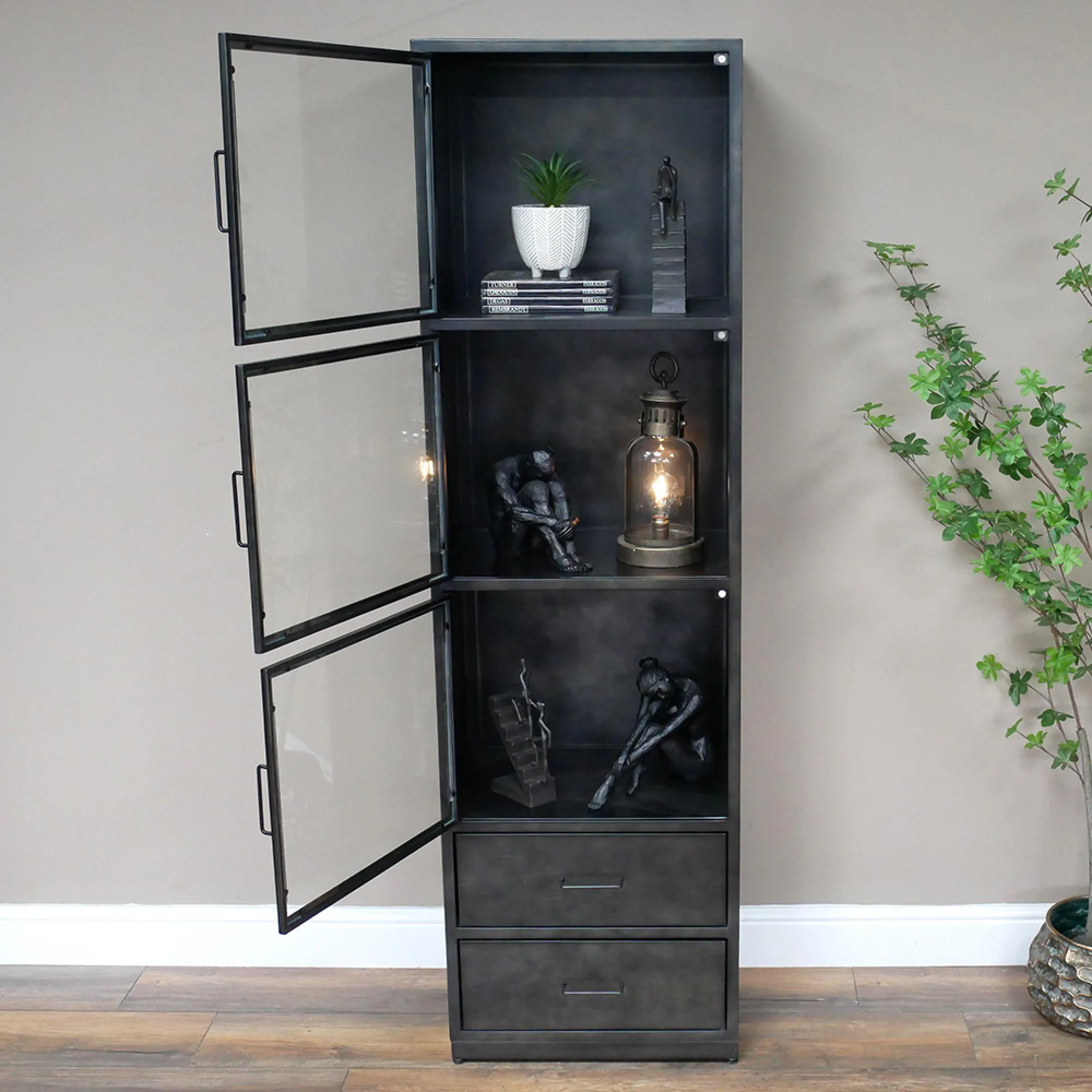 3 Door Narrow Display Cabinet - Black, Metal