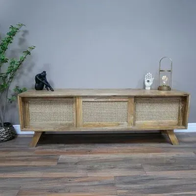 3 Door TV Unit - Acacia Wood, Rattan