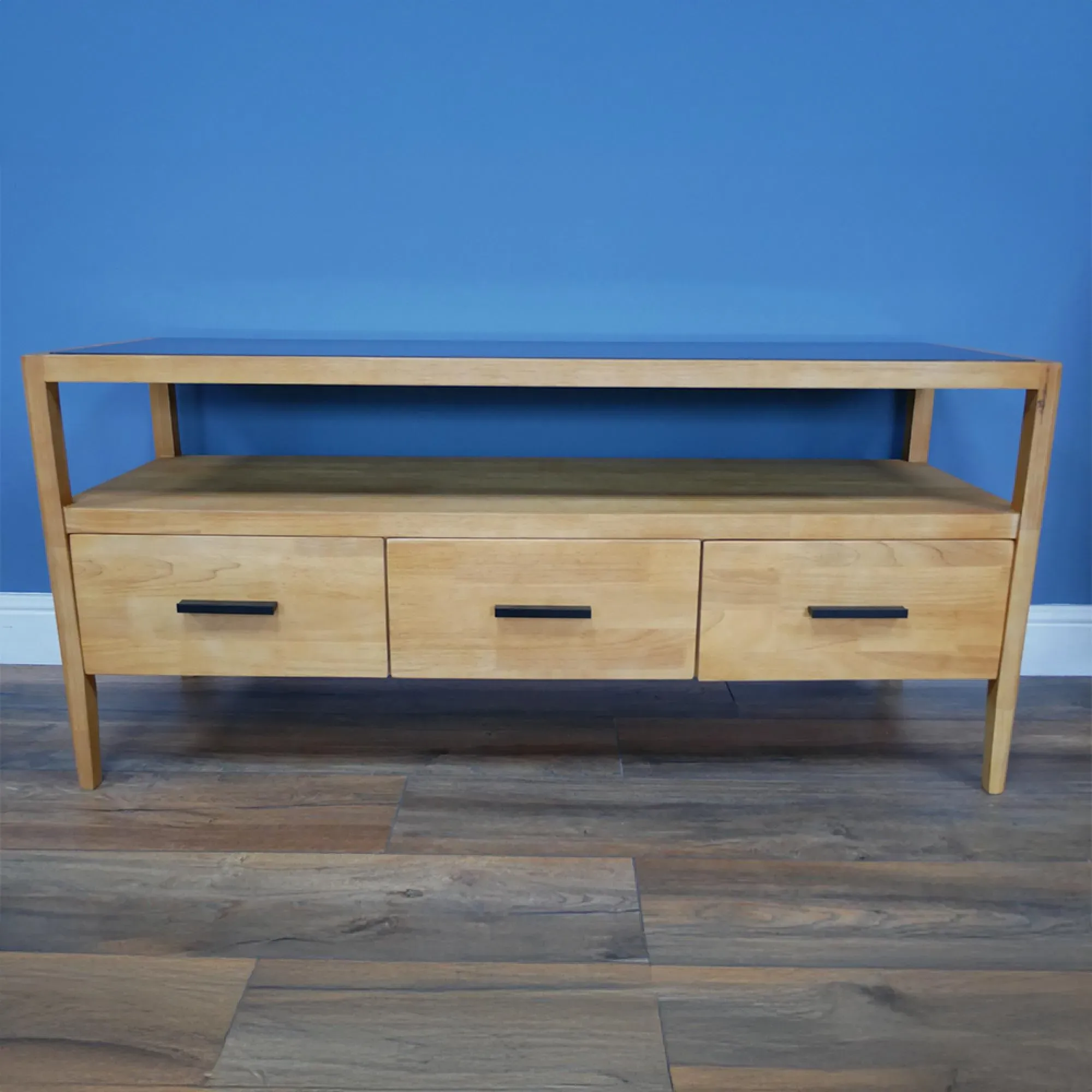 3 Drawer TV Unit - Black Glass, Rubber Wood