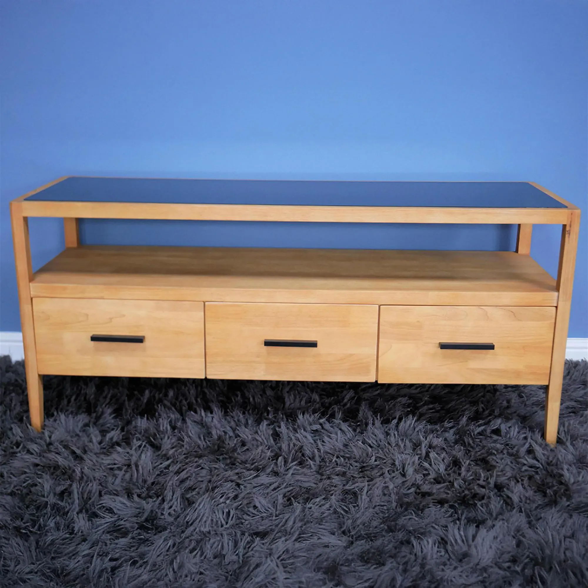 3 Drawer TV Unit - Black Glass, Rubber Wood