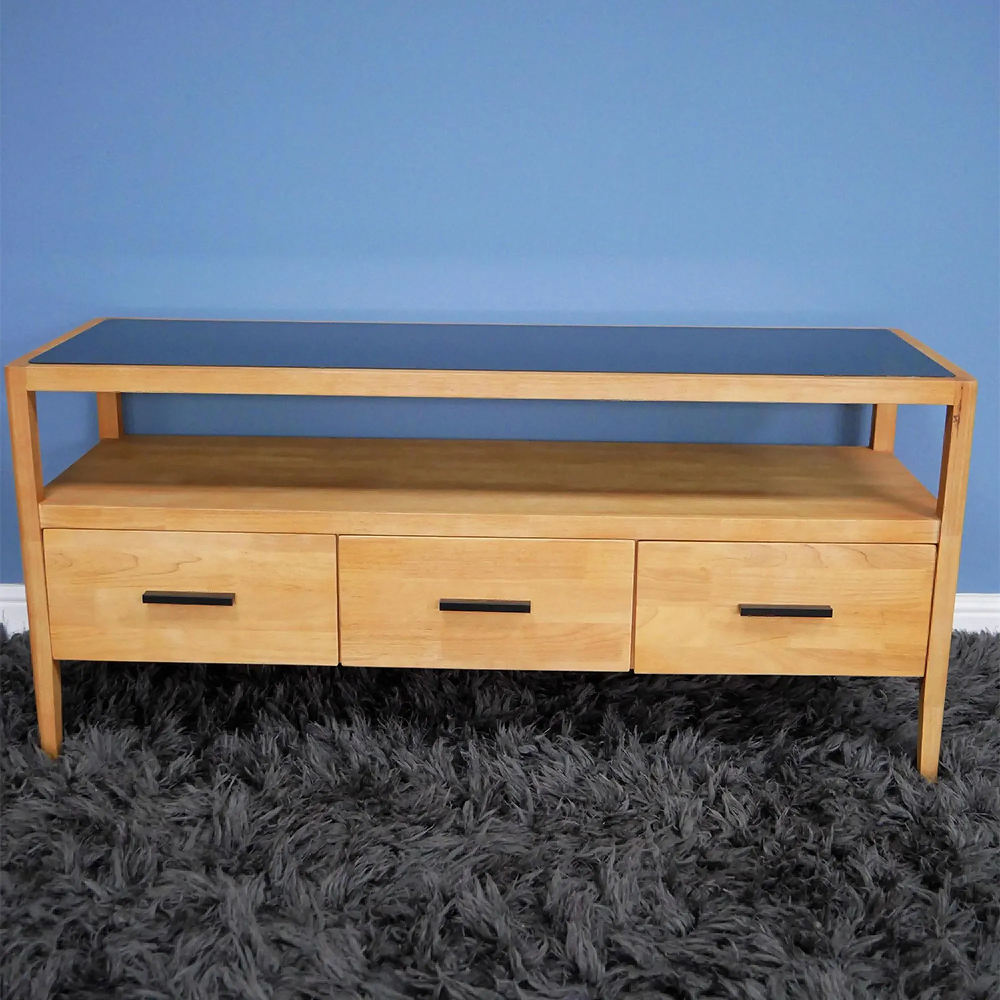 3 Drawer TV Unit - Black Glass, Rubber Wood