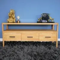 3 Drawer TV Unit - Black Glass, Rubber Wood
