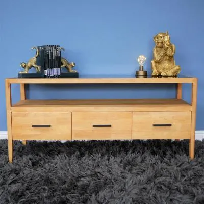 3 Drawer TV Unit - Black Glass, Rubber Wood image