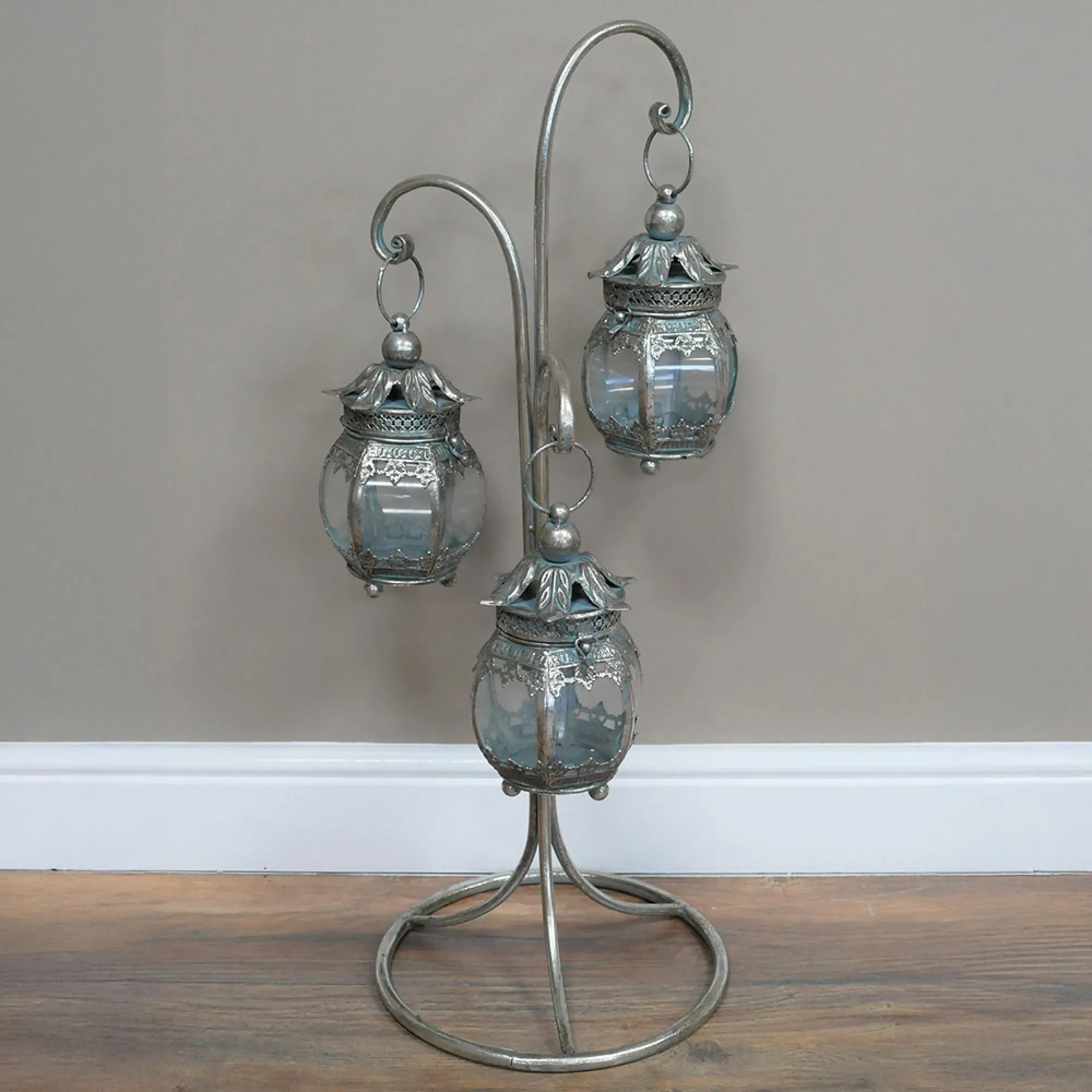 3 Hanging Lanterns on Stand - Set of 2 - Grey