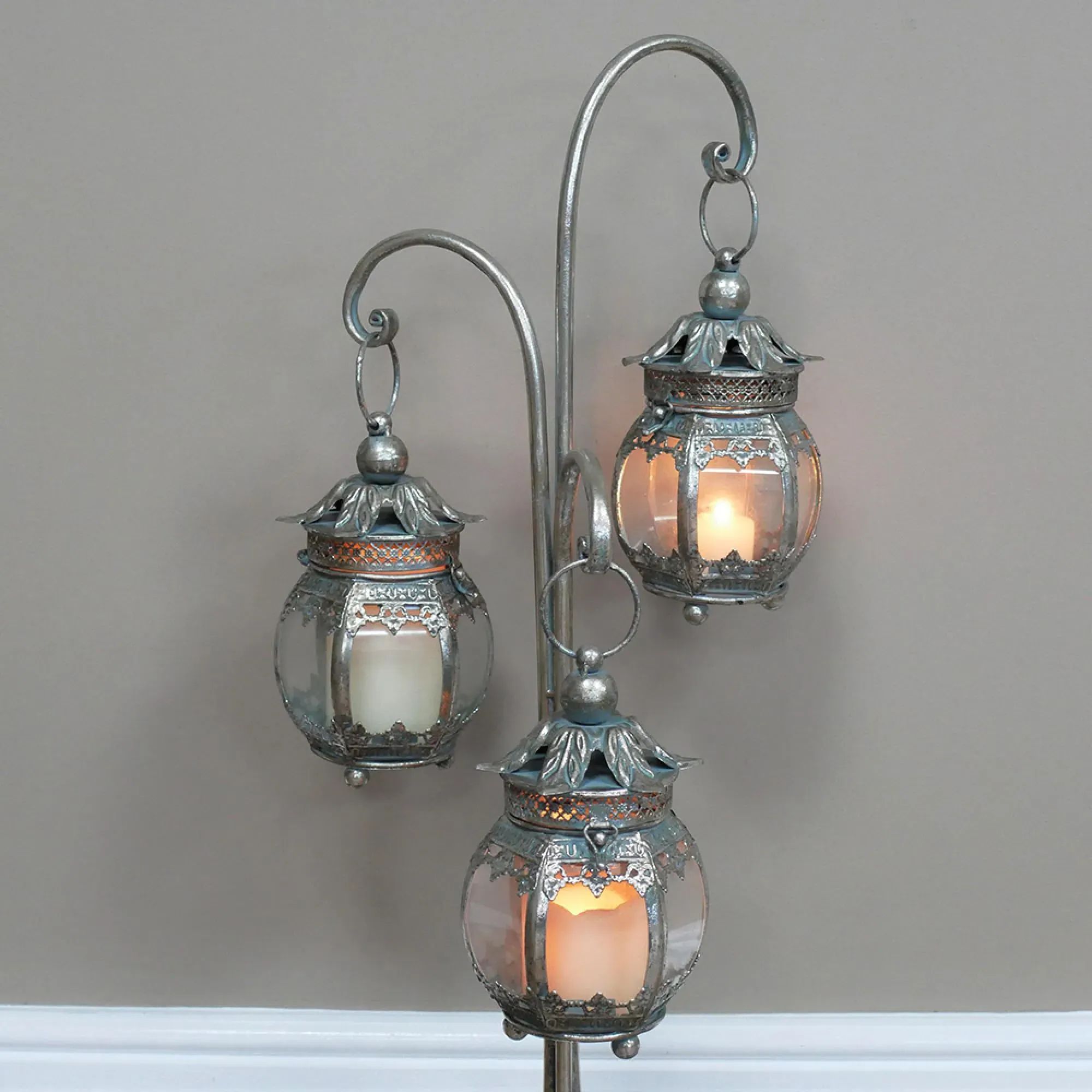 3 Hanging Lanterns on Stand - Set of 2 - Grey