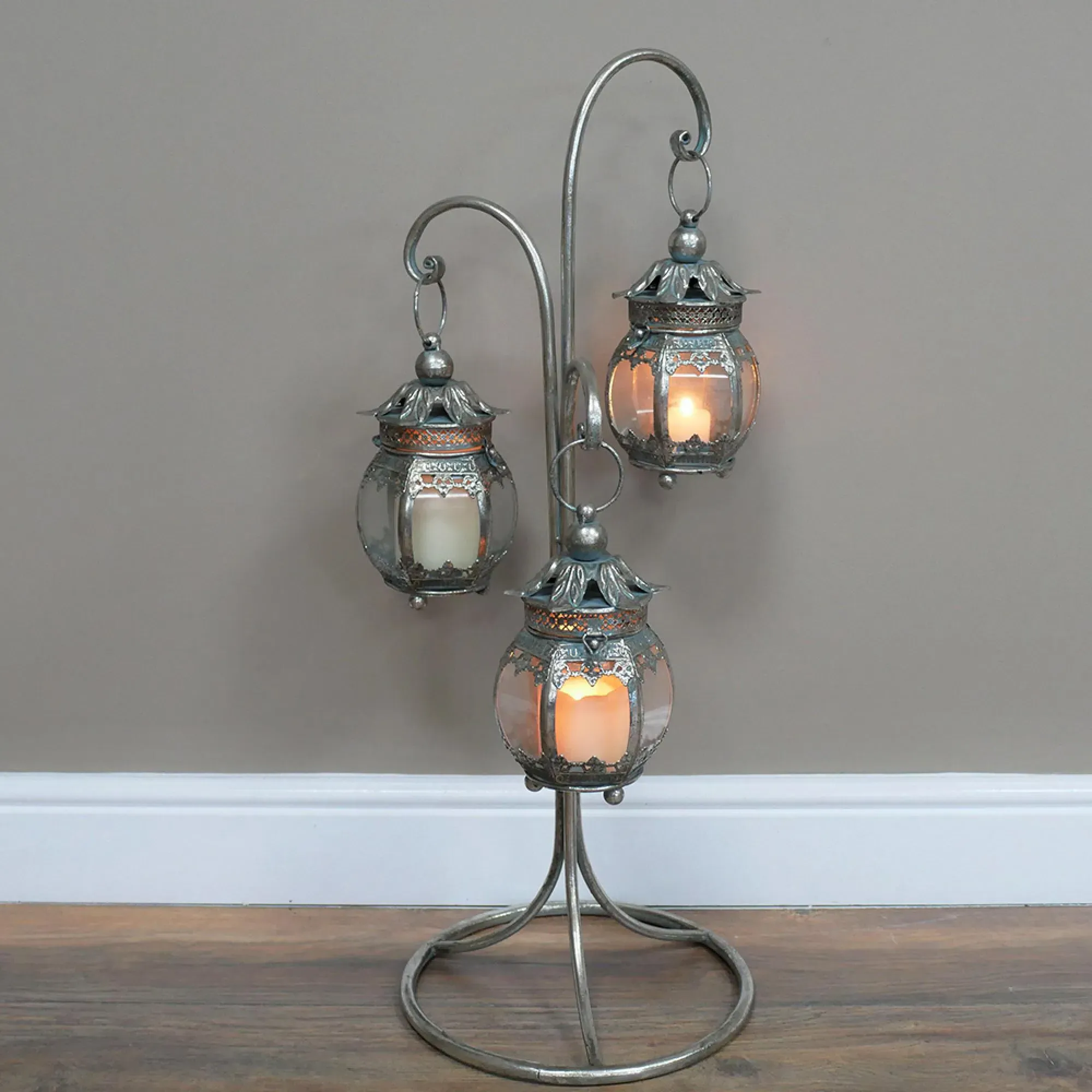 3 Hanging Lanterns on Stand - Set of 2 - Grey