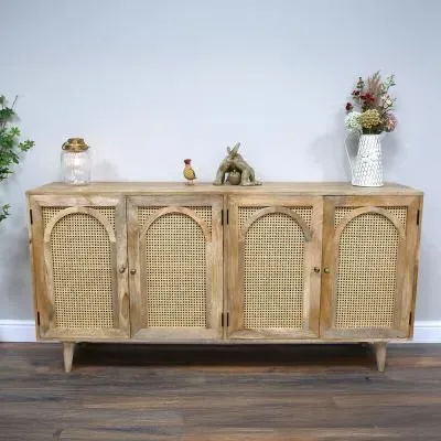 4 Door Large Sideboard - Acacia Wood, Rattan