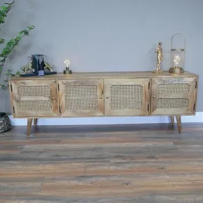 4 Door TV Unit - Acacia Wood, Rattan