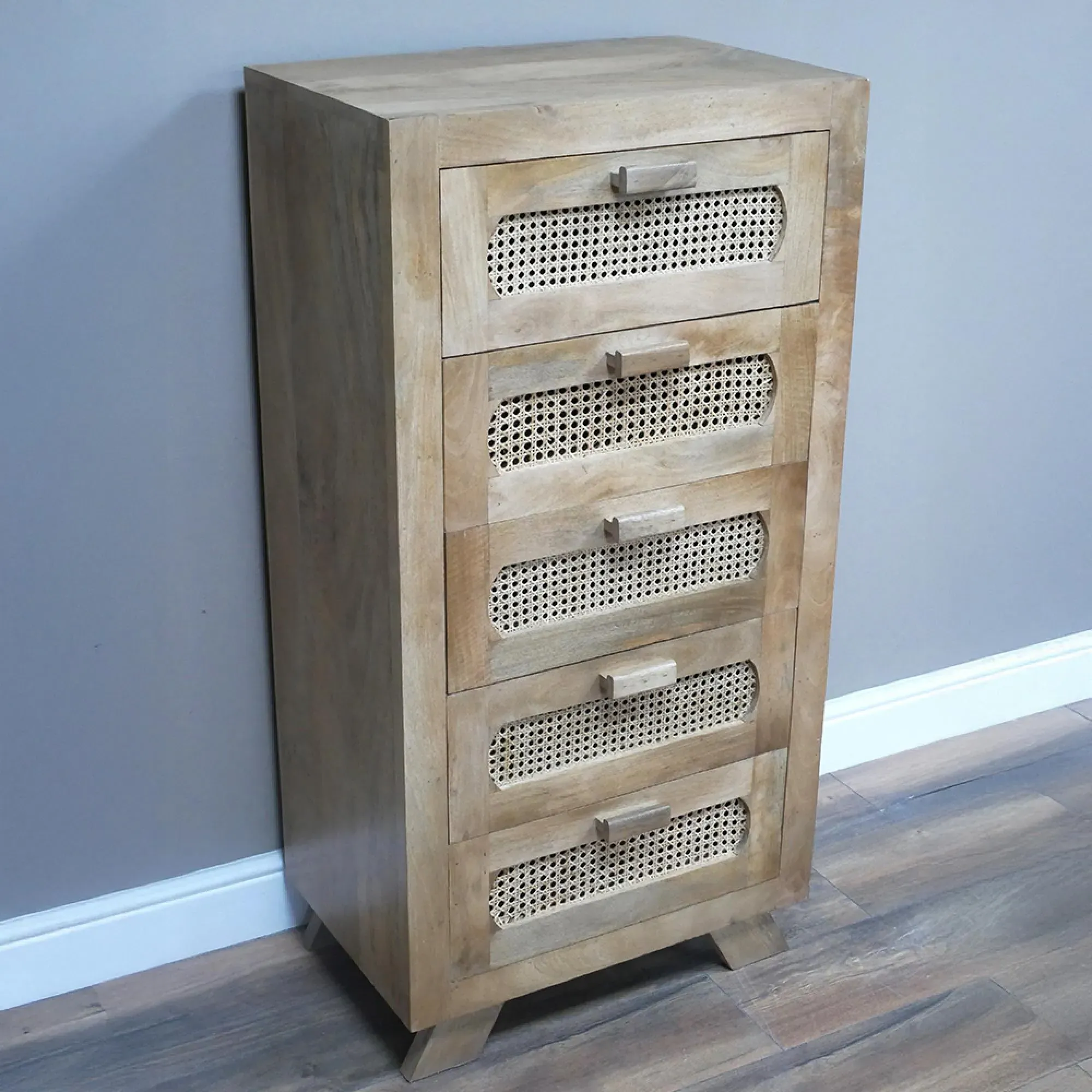 5 Drawer Chest - Mango Wood, Rattan