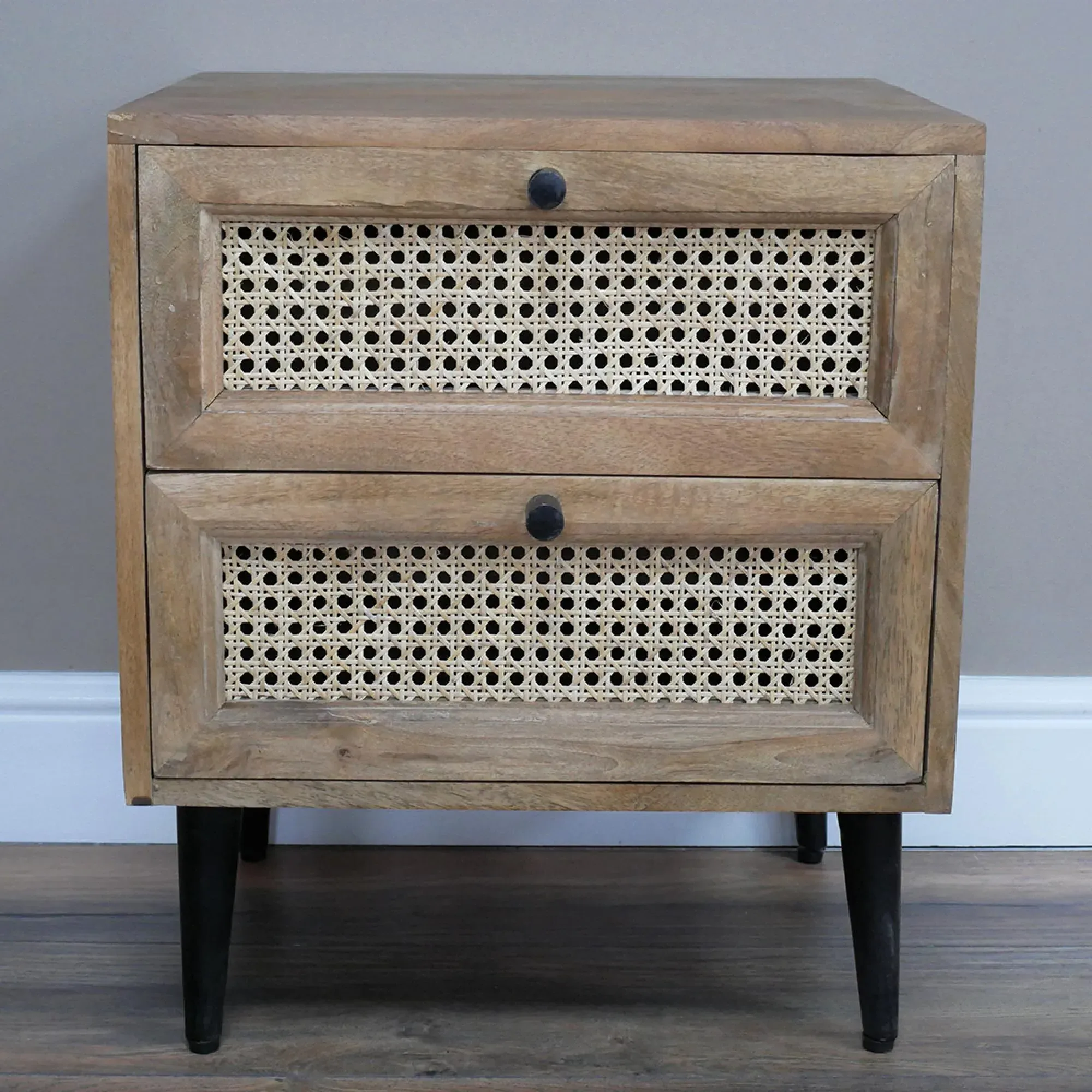 Acacia Wood 2 Drawer Bedside Cabinet - Rattan