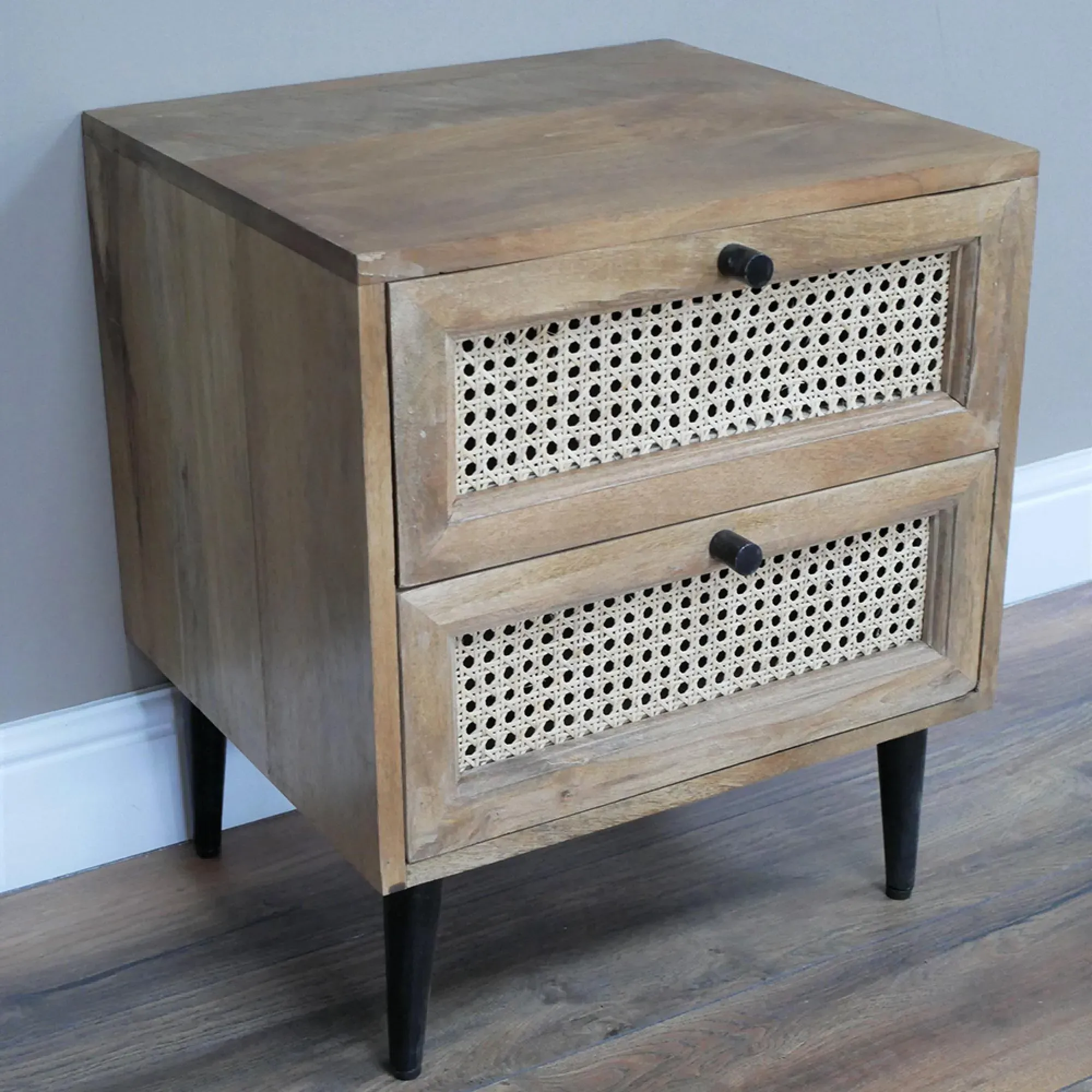 Acacia Wood 2 Drawer Bedside Cabinet - Rattan