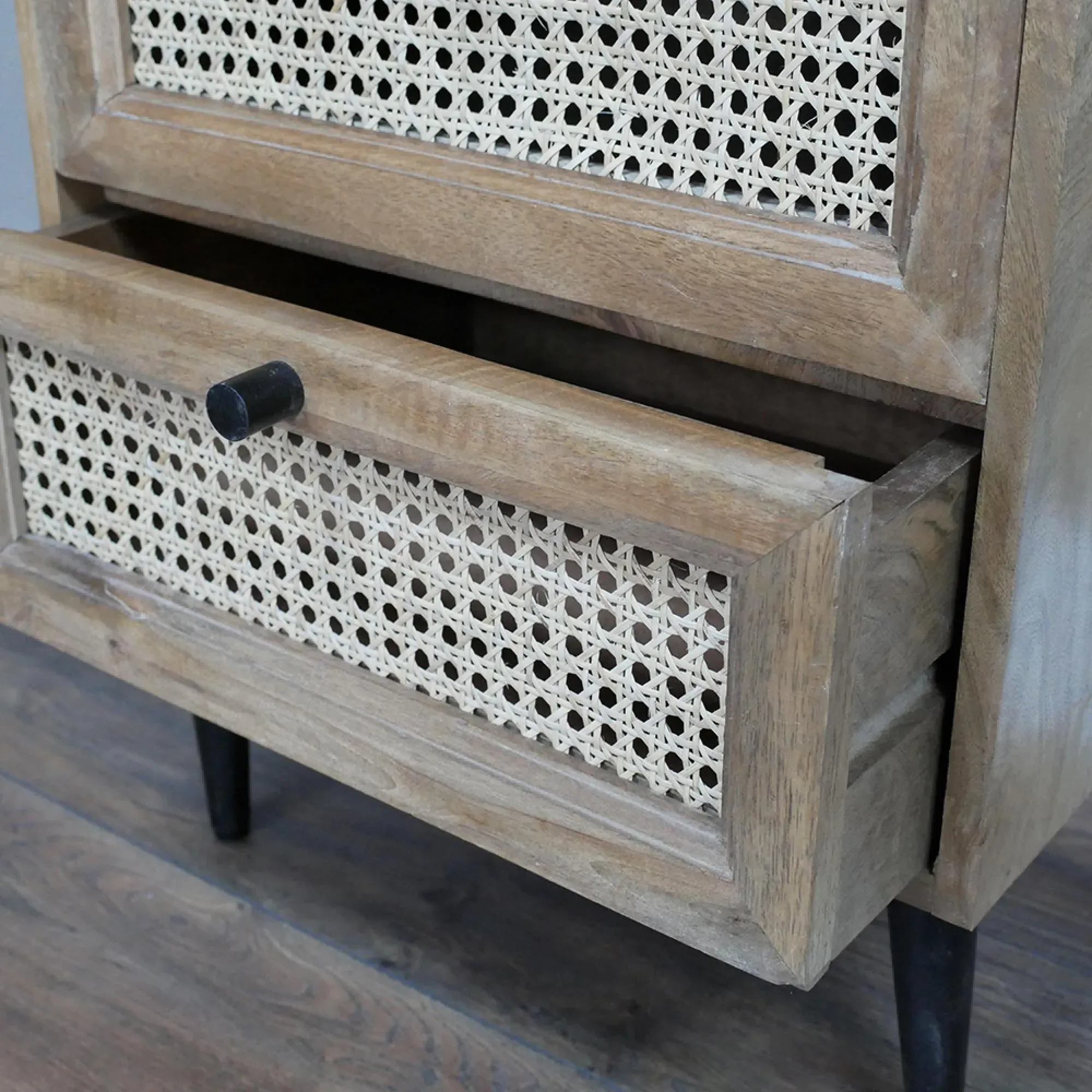 Acacia Wood 2 Drawer Bedside Cabinet - Rattan