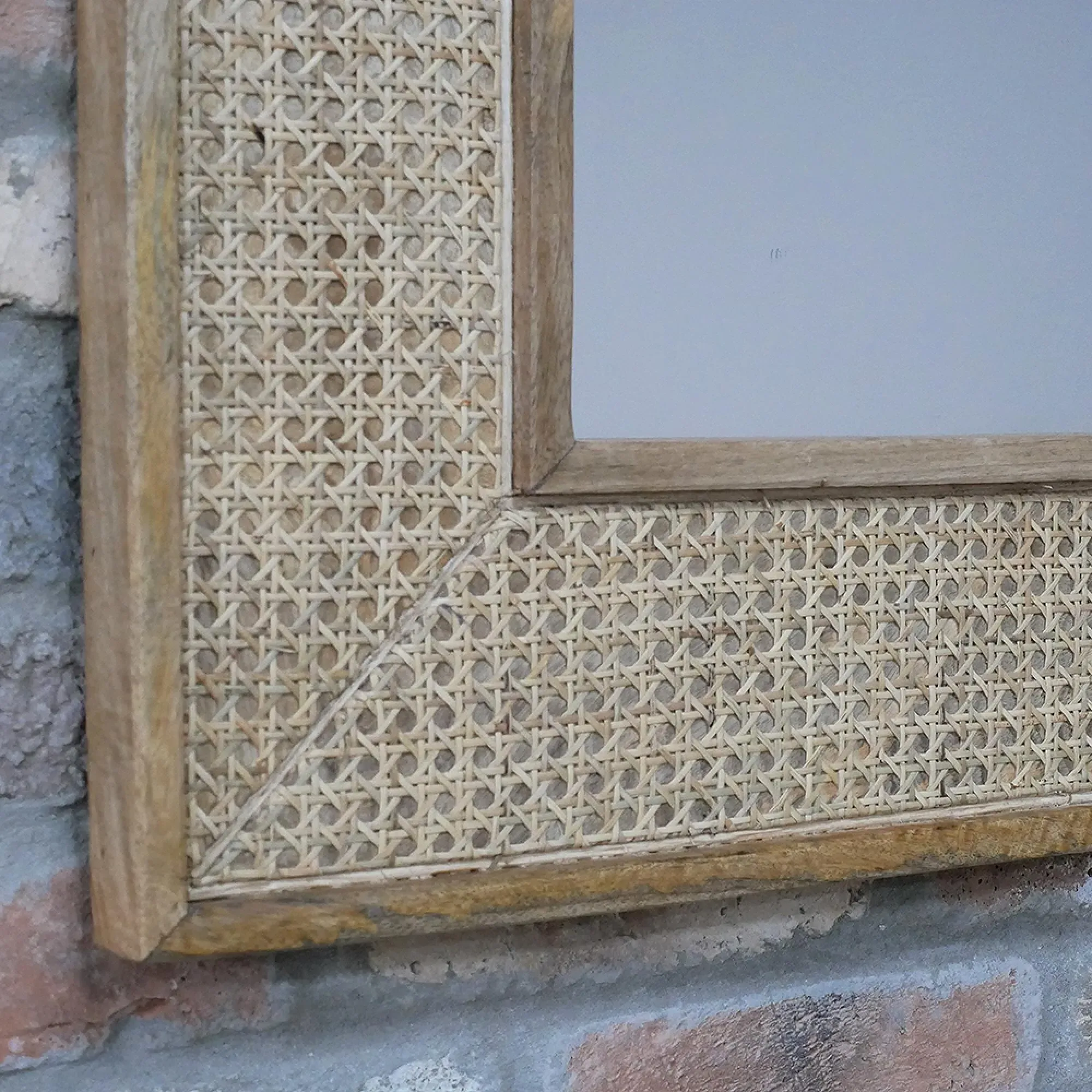 Acacia Wood and Rattan Frame Wall Mirror