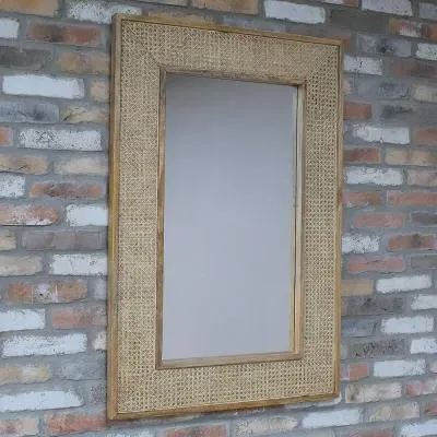 Acacia Wood and Rattan Frame Wall Mirror