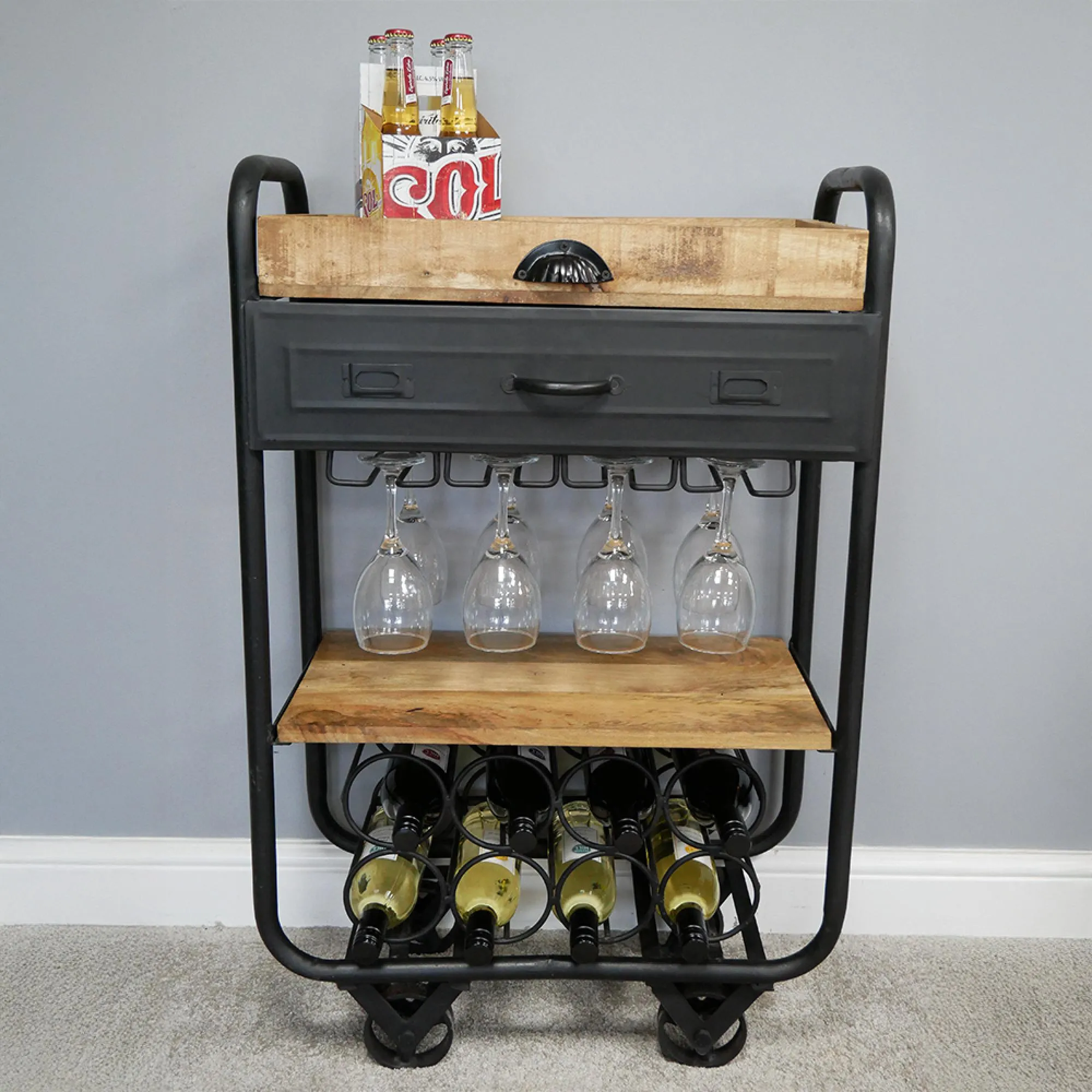 Black Metal 1 Drawer Wine Trolley