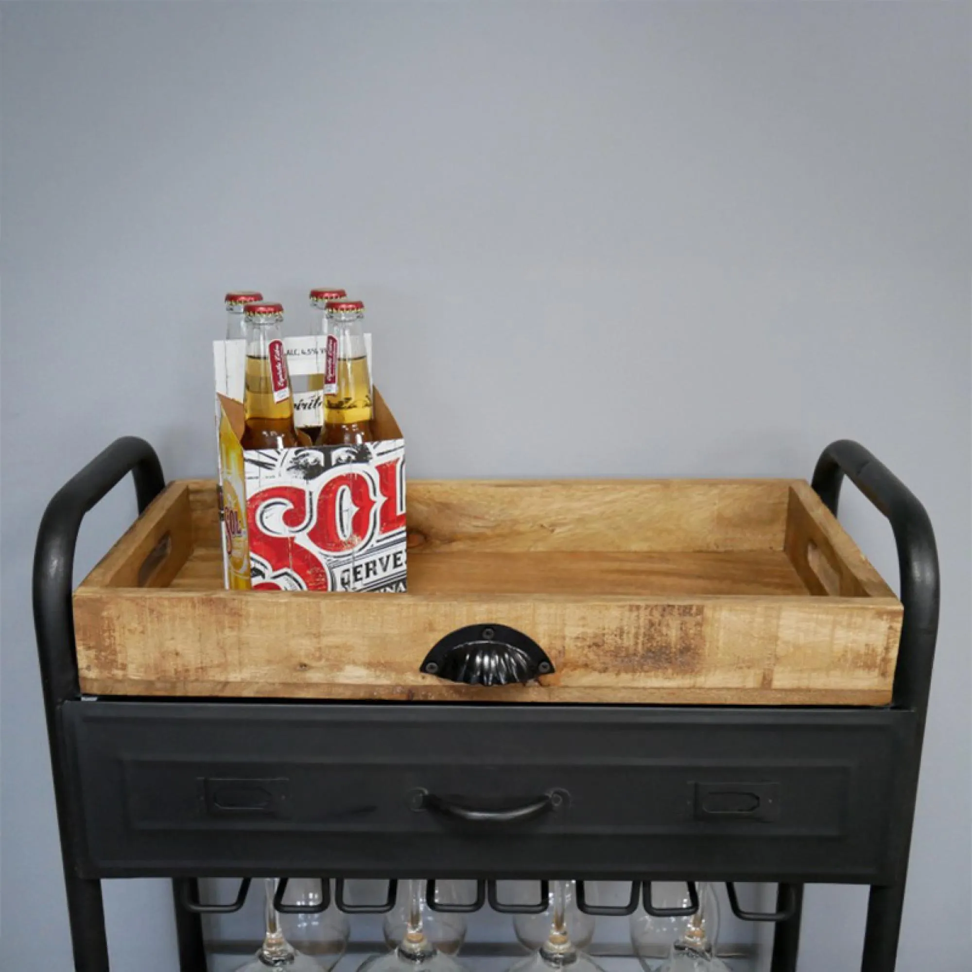 Black Metal 1 Drawer Wine Trolley